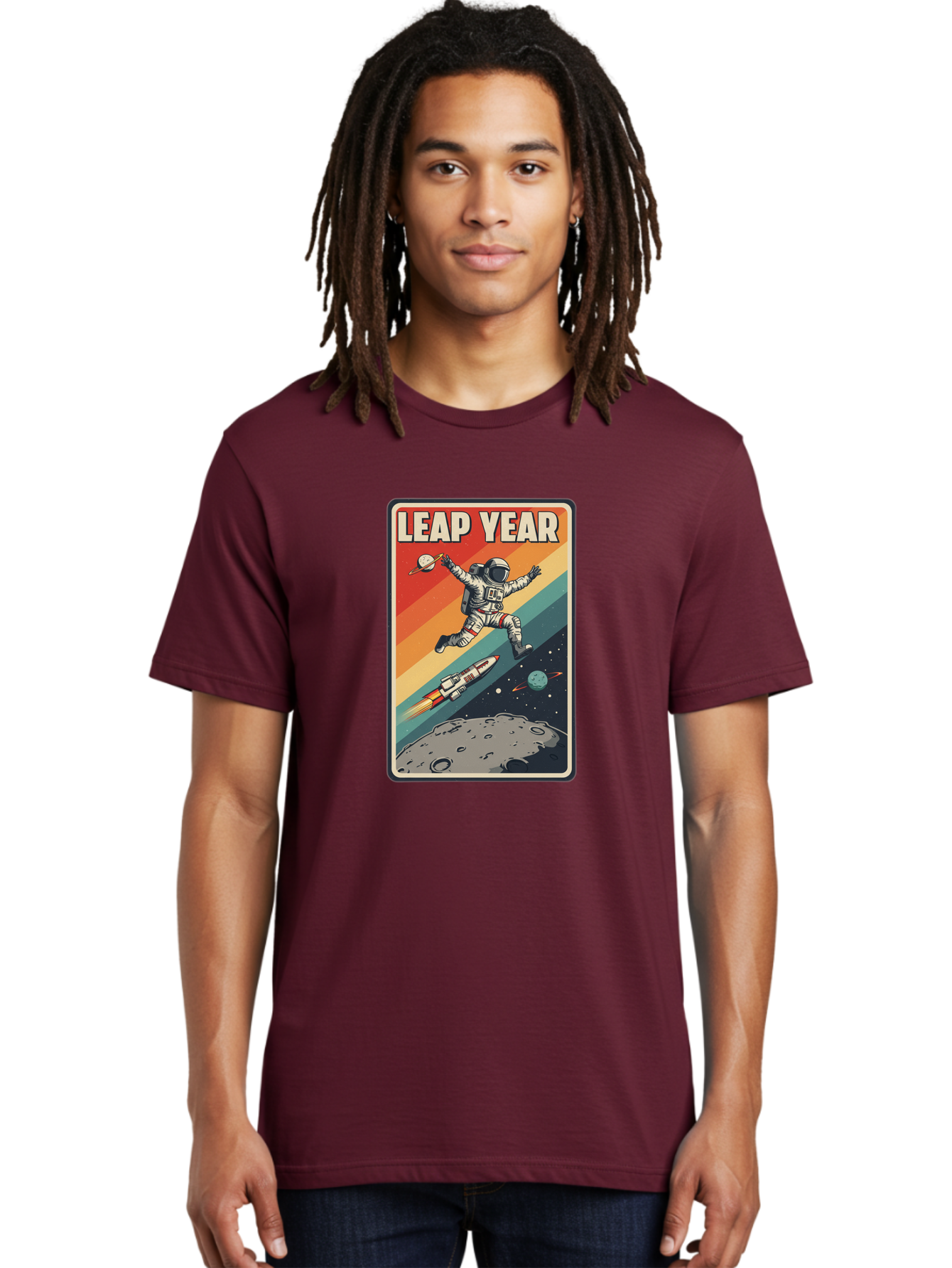 Leap-Year-5 Men'S Graphic Tee, 100% Cotton, Comfortable Casual Summer Wear, Machine Washable, Astronaut Jumping In Space, Retro-Style Poster, Space Exploration, Vintage Graphics, Astronaut In Mid-Air, Rocket Ship In The Background, Bac115