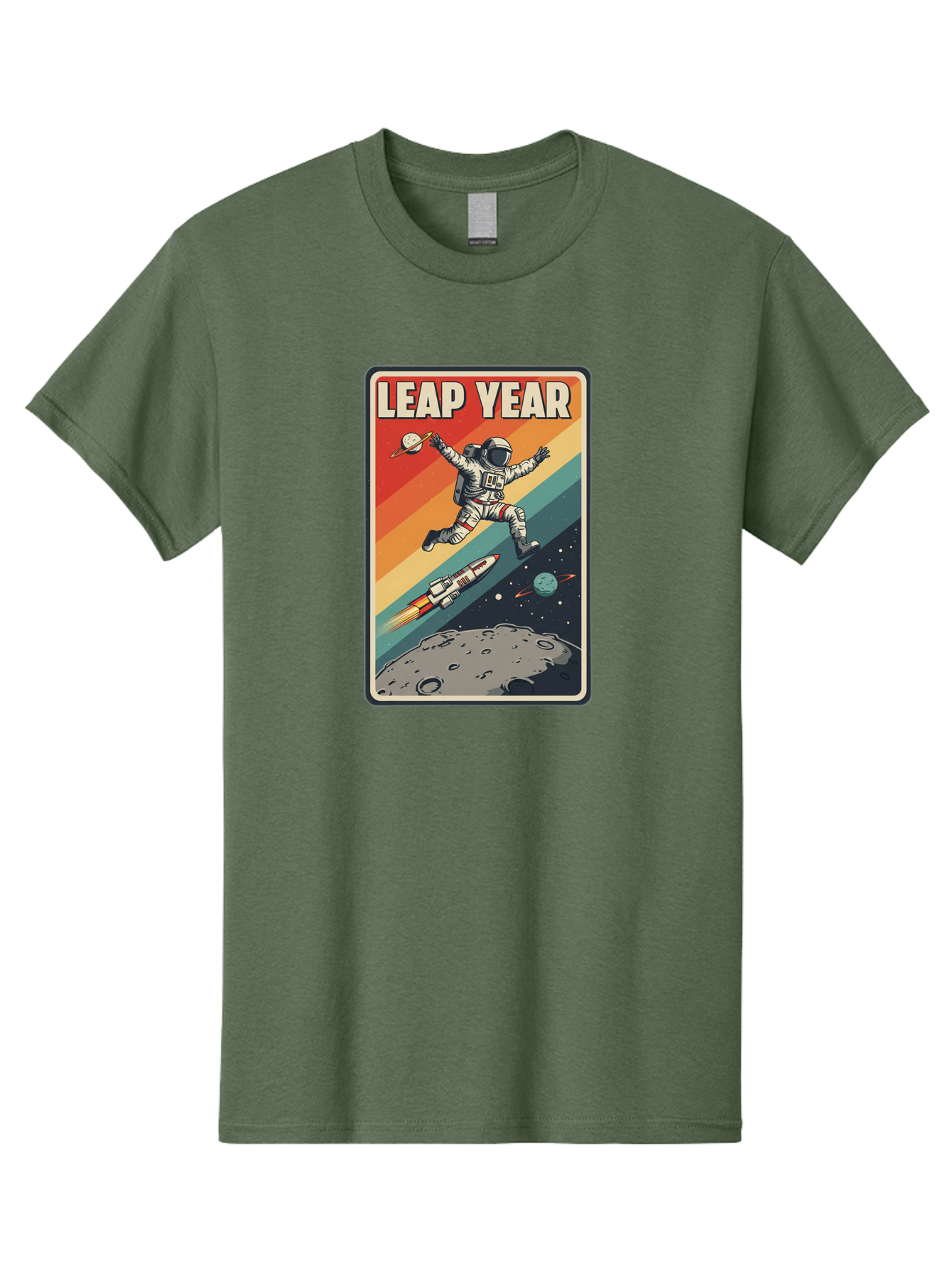 Leap-Year-5 Men'S Graphic Tee, 100% Cotton, Comfortable Casual Summer Wear, Machine Washable, Astronaut Jumping In Space, Retro-Style Poster, Space Exploration, Vintage Graphics, Astronaut In Mid-Air, Rocket Ship In The Background, Bac115
