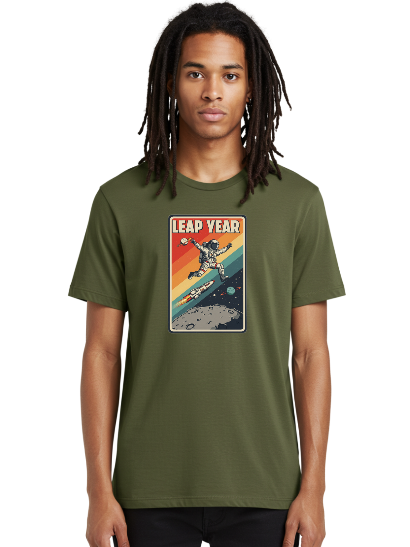 Leap-Year-5 Men'S Graphic Tee, 100% Cotton, Comfortable Casual Summer Wear, Machine Washable, Astronaut Jumping In Space, Retro-Style Poster, Space Exploration, Vintage Graphics, Astronaut In Mid-Air, Rocket Ship In The Background, Bac115