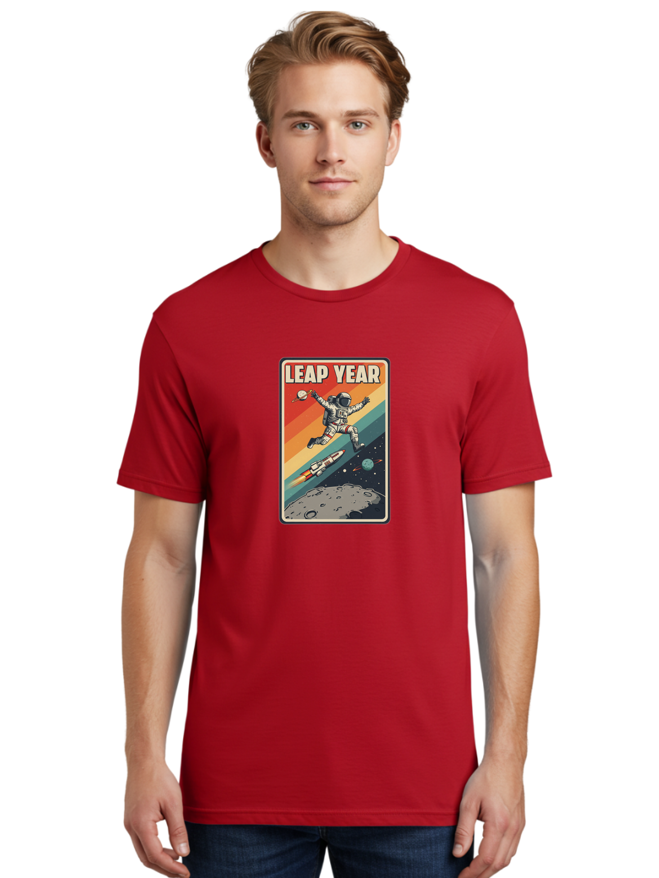 Leap-Year-5 Men'S Graphic Tee, 100% Cotton, Comfortable Casual Summer Wear, Machine Washable, Astronaut Jumping In Space, Retro-Style Poster, Space Exploration, Vintage Graphics, Astronaut In Mid-Air, Rocket Ship In The Background, Bac115