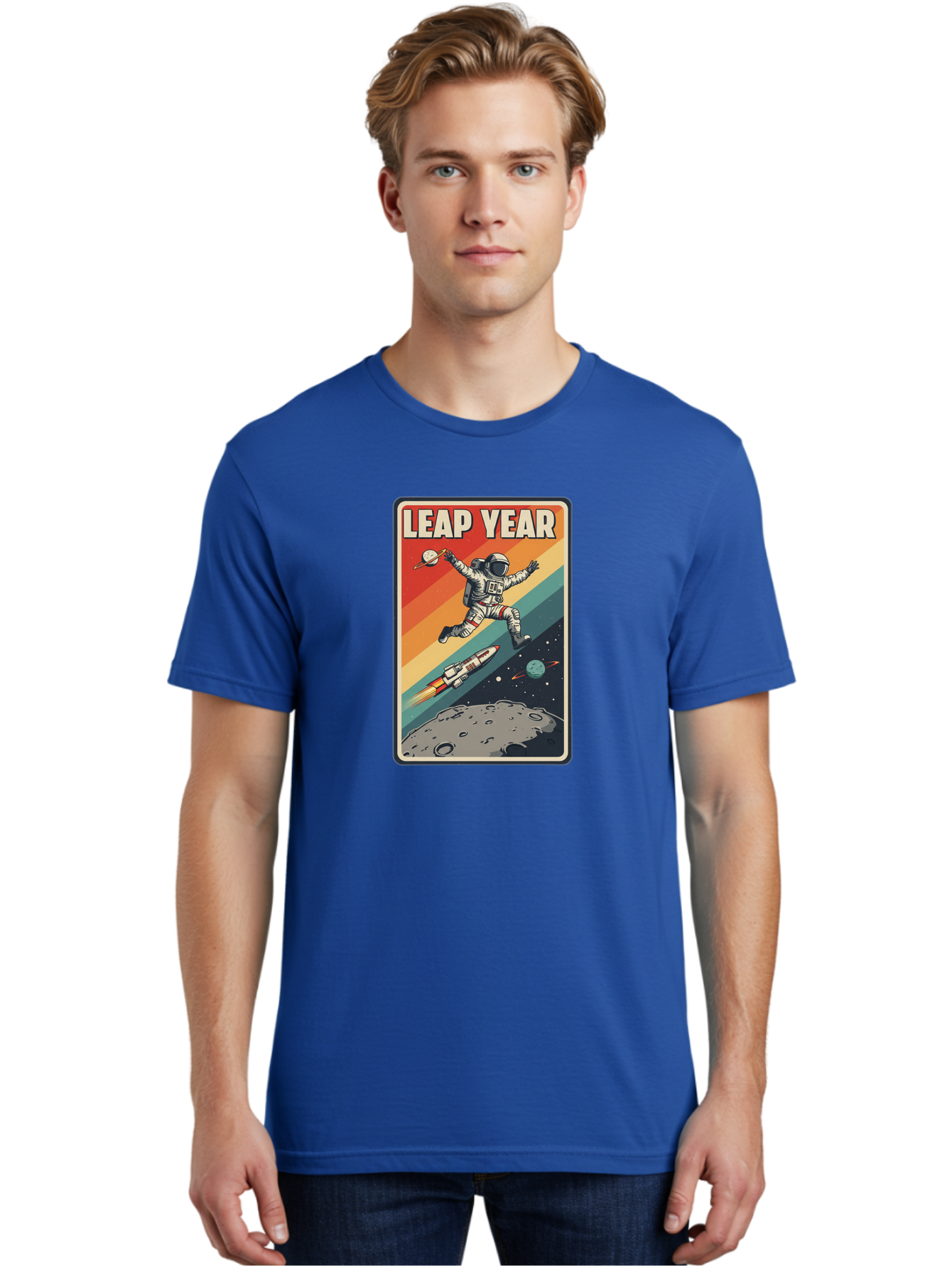 Leap-Year-5 Men'S Graphic Tee, 100% Cotton, Comfortable Casual Summer Wear, Machine Washable, Astronaut Jumping In Space, Retro-Style Poster, Space Exploration, Vintage Graphics, Astronaut In Mid-Air, Rocket Ship In The Background, Bac115