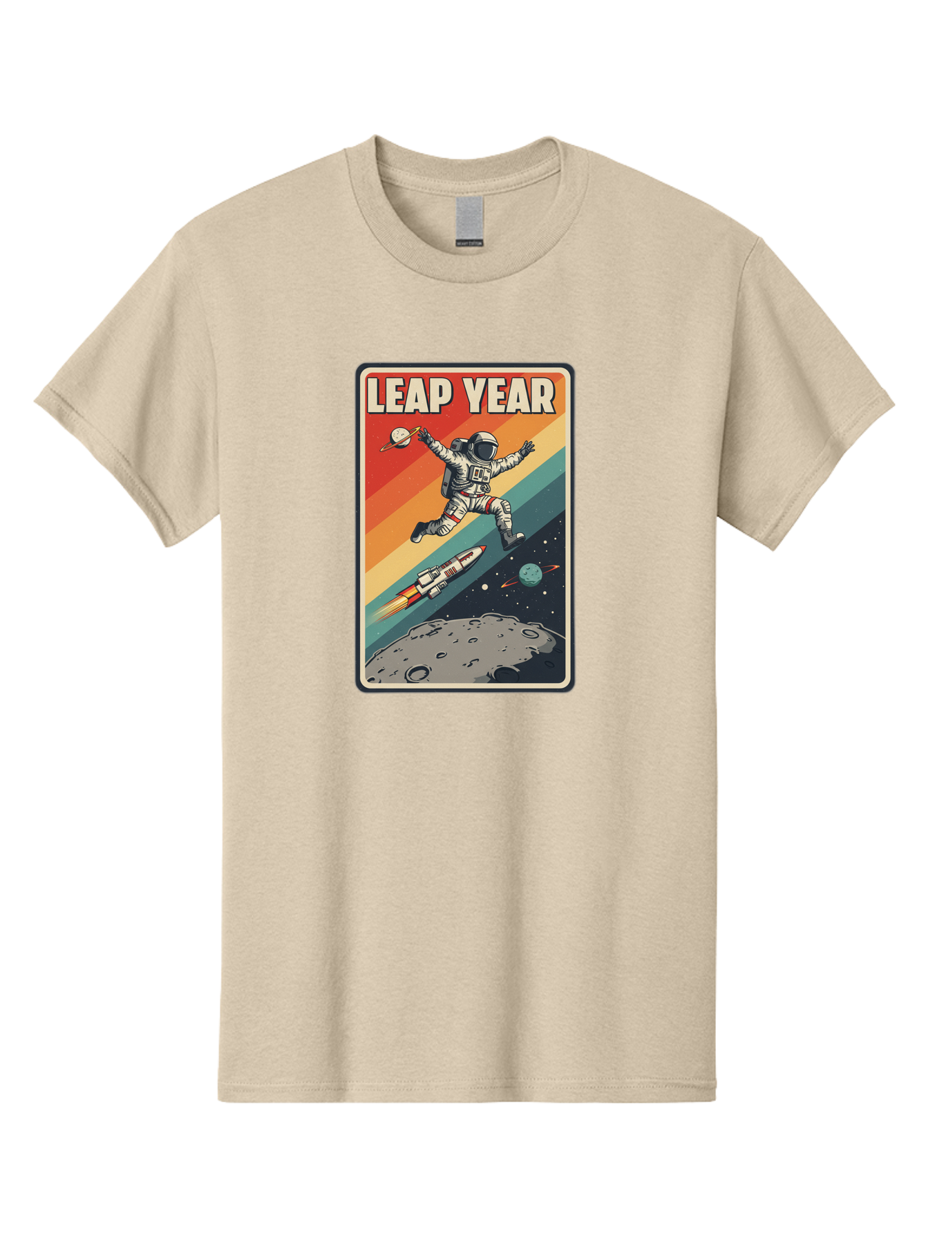 Leap-Year-5 Men'S Graphic Tee, 100% Cotton, Comfortable Casual Summer Wear, Machine Washable, Astronaut Jumping In Space, Retro-Style Poster, Space Exploration, Vintage Graphics, Astronaut In Mid-Air, Rocket Ship In The Background, Bac115