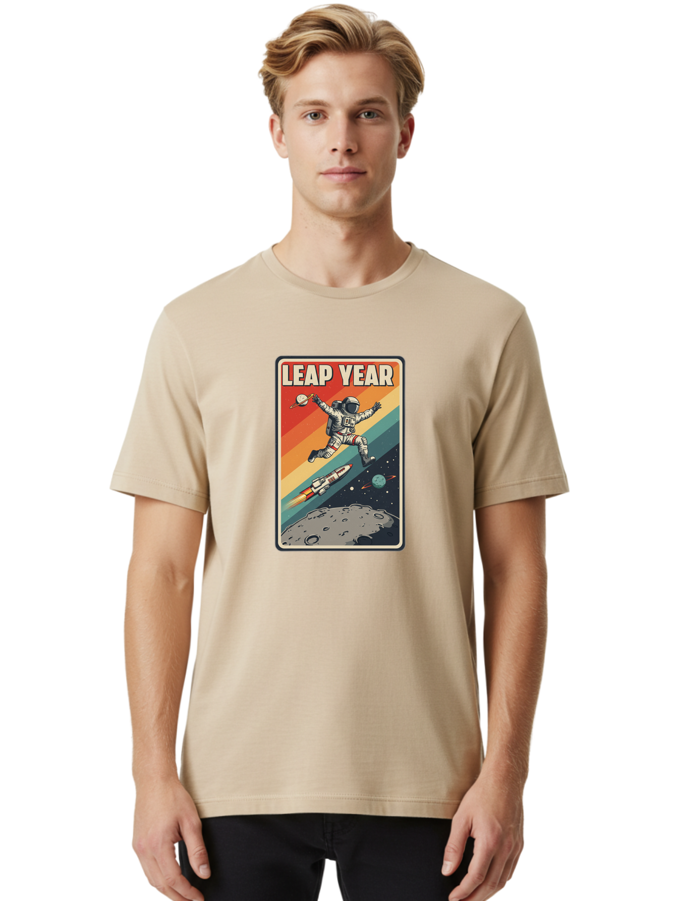 Leap-Year-5 Men'S Graphic Tee, 100% Cotton, Comfortable Casual Summer Wear, Machine Washable, Astronaut Jumping In Space, Retro-Style Poster, Space Exploration, Vintage Graphics, Astronaut In Mid-Air, Rocket Ship In The Background, Bac115