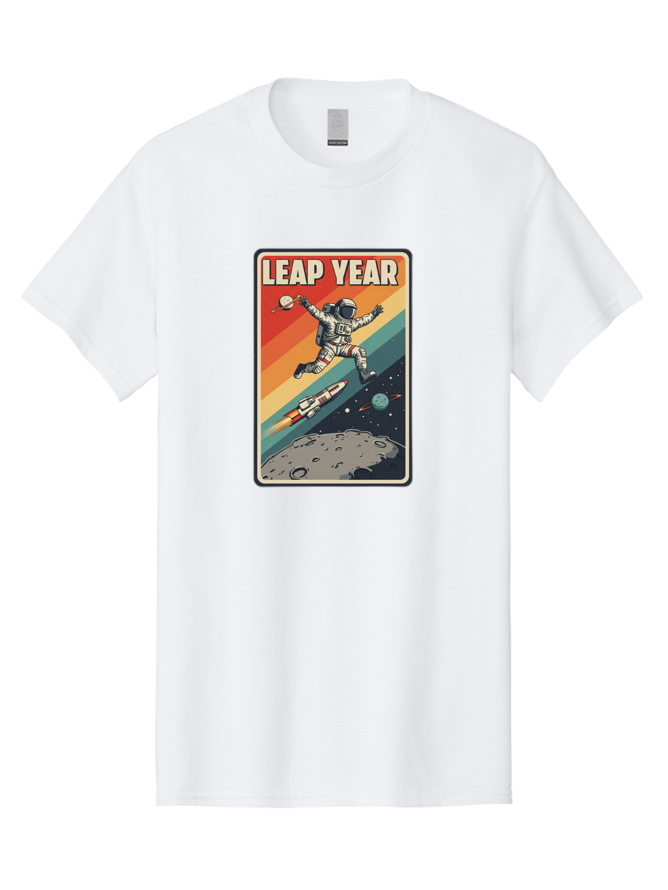 Leap-Year-5 Men'S Graphic Tee, 100% Cotton, Comfortable Casual Summer Wear, Machine Washable, Astronaut Jumping In Space, Retro-Style Poster, Space Exploration, Vintage Graphics, Astronaut In Mid-Air, Rocket Ship In The Background, Bac115