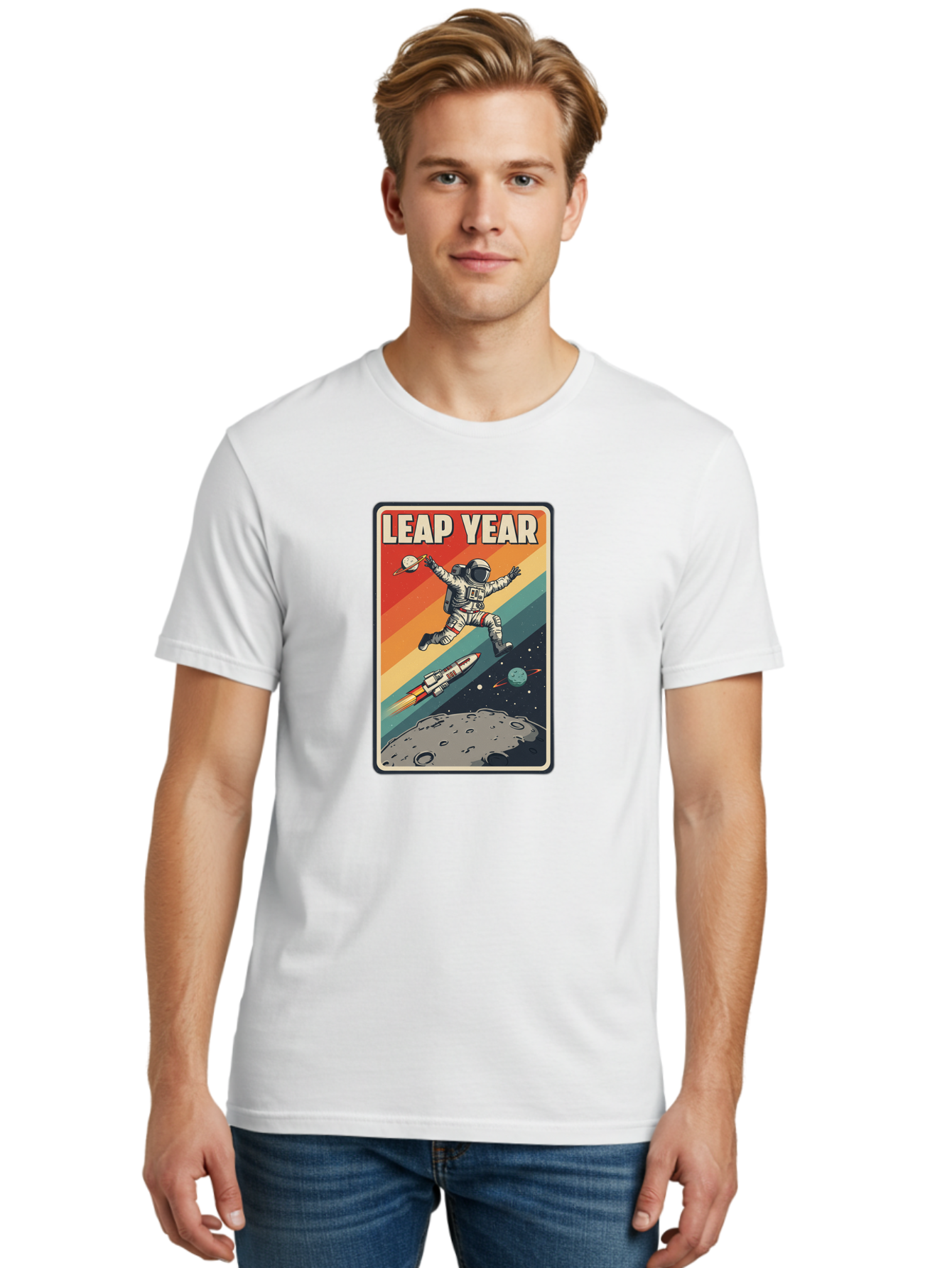 Leap-Year-5 Men'S Graphic Tee, 100% Cotton, Comfortable Casual Summer Wear, Machine Washable, Astronaut Jumping In Space, Retro-Style Poster, Space Exploration, Vintage Graphics, Astronaut In Mid-Air, Rocket Ship In The Background, Bac115