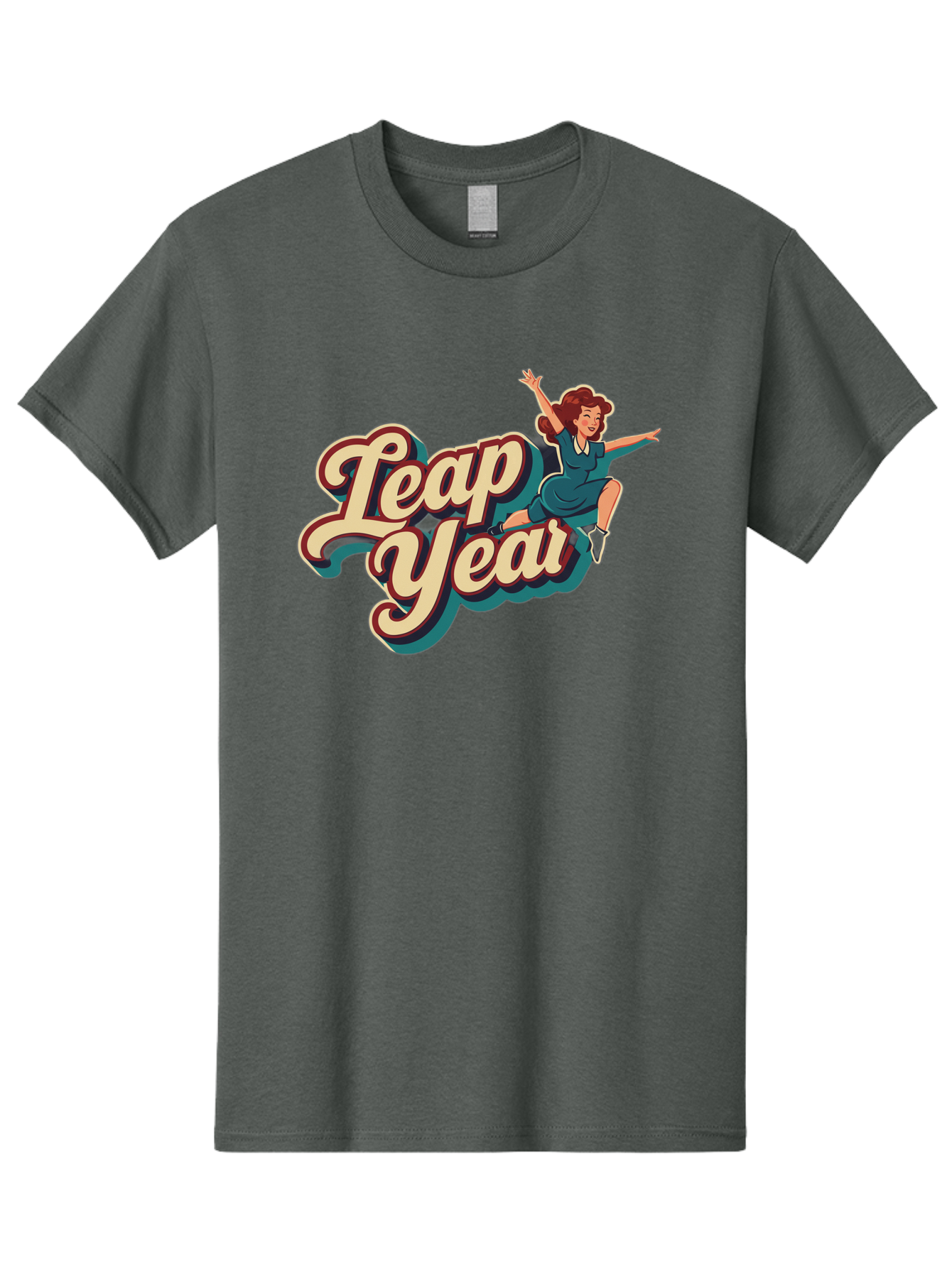 Leap-Year-6 Men'S Graphic Tee, 100% Cotton, Comfortable Casual Summer Wear, Machine Washable, Leap Year, Cartoon Woman, Retro Style, Playful Vibe, Jumping Gesture, Fun Graphics, Vintage Aesthetic, Happy Atmosphere Bac116