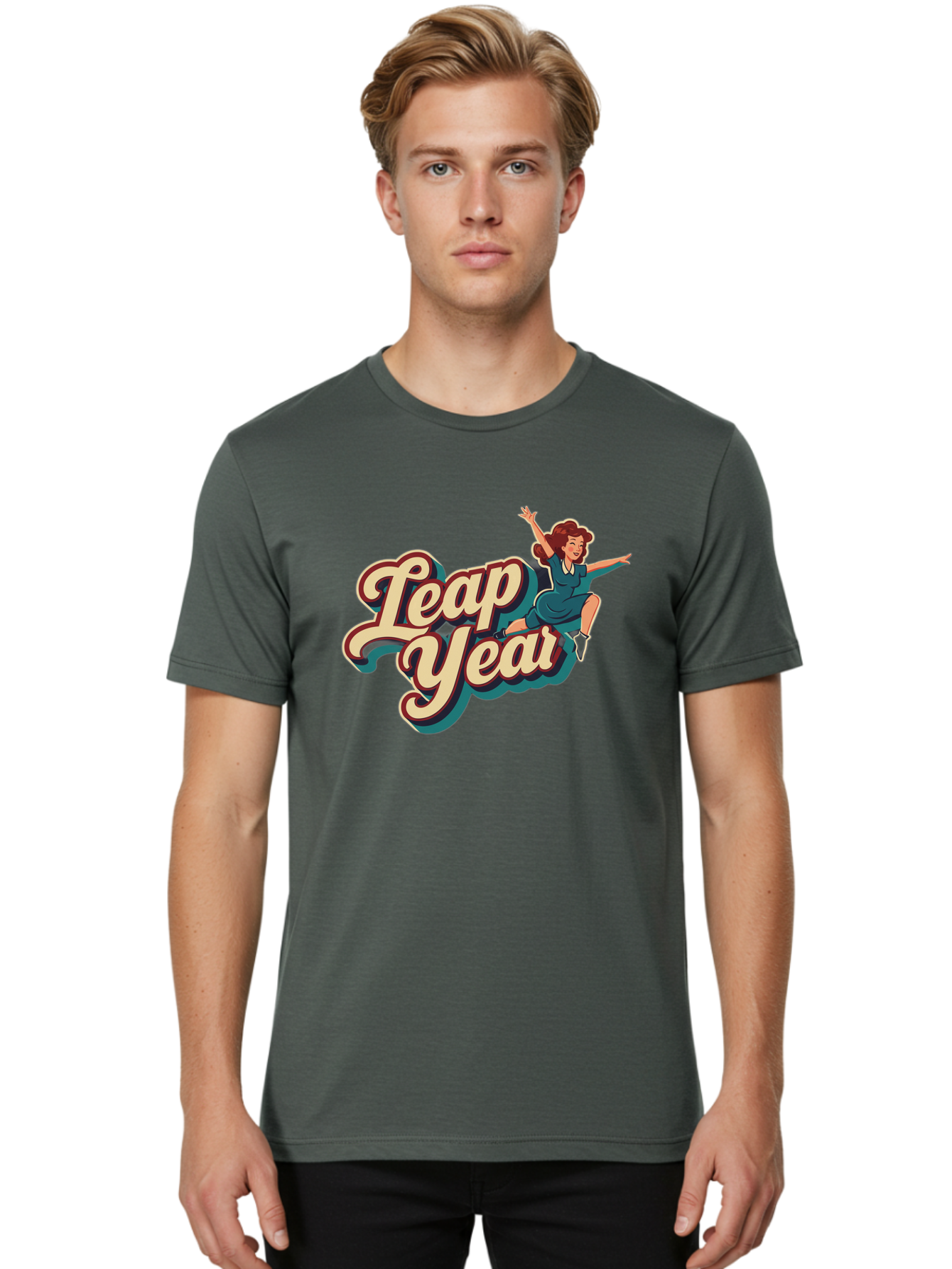 Leap-Year-6 Men'S Graphic Tee, 100% Cotton, Comfortable Casual Summer Wear, Machine Washable, Leap Year, Cartoon Woman, Retro Style, Playful Vibe, Jumping Gesture, Fun Graphics, Vintage Aesthetic, Happy Atmosphere Bac116