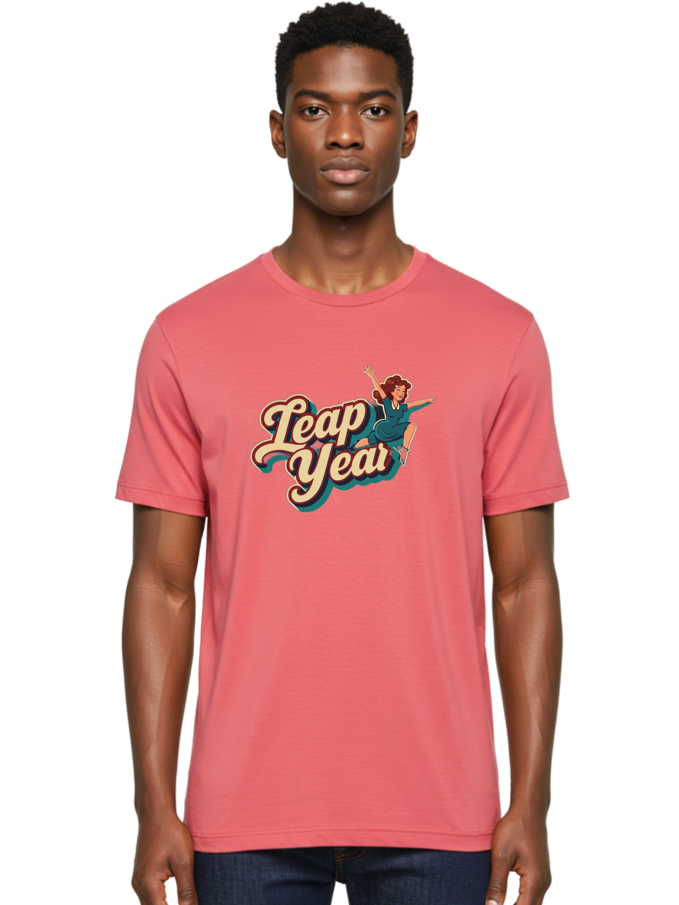 Leap-Year-6 Men'S Graphic Tee, 100% Cotton, Comfortable Casual Summer Wear, Machine Washable, Leap Year, Cartoon Woman, Retro Style, Playful Vibe, Jumping Gesture, Fun Graphics, Vintage Aesthetic, Happy Atmosphere Bac116