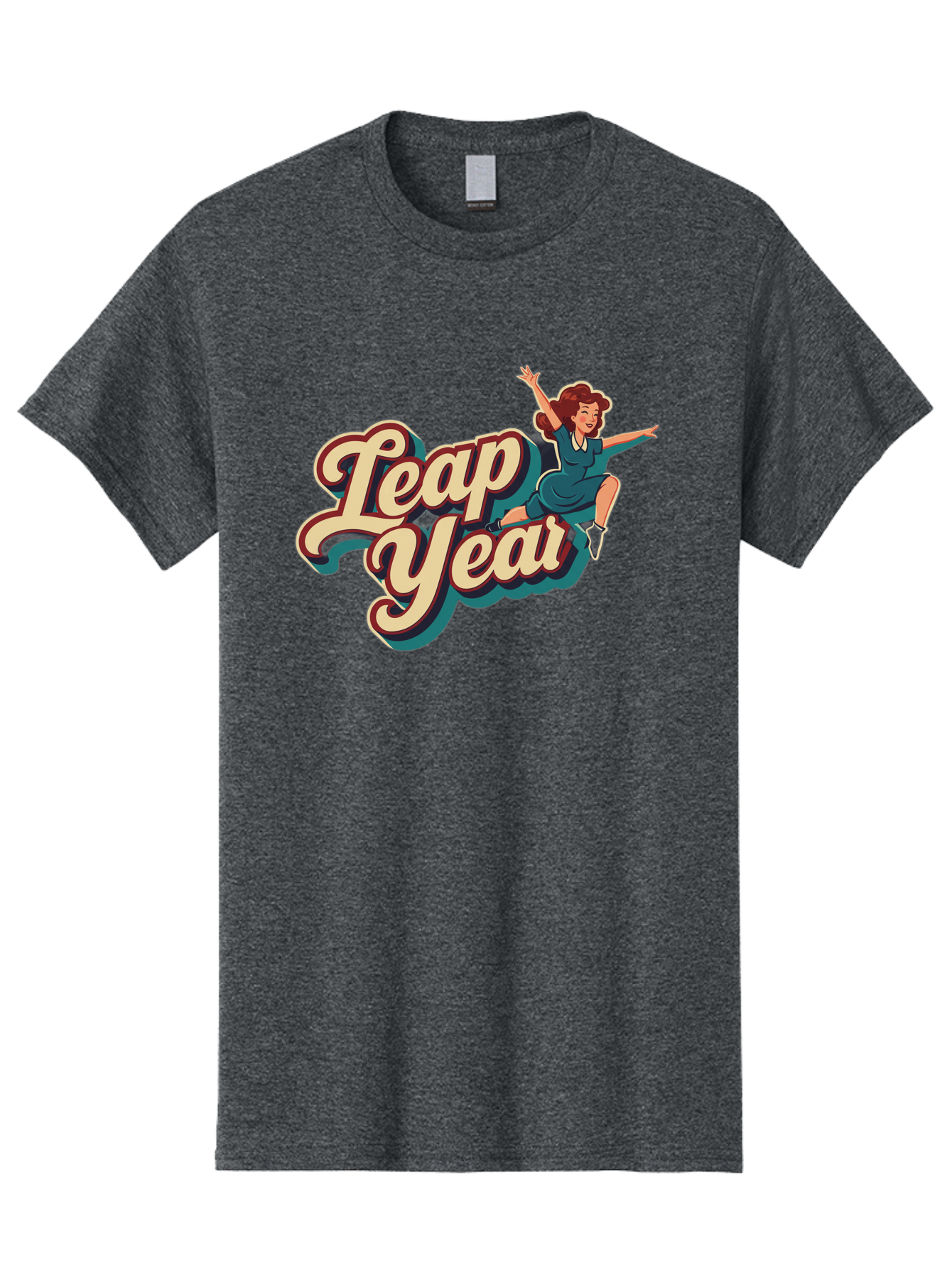 Leap-Year-6 Men'S Graphic Tee, 100% Cotton, Comfortable Casual Summer Wear, Machine Washable, Leap Year, Cartoon Woman, Retro Style, Playful Vibe, Jumping Gesture, Fun Graphics, Vintage Aesthetic, Happy Atmosphere Bac116