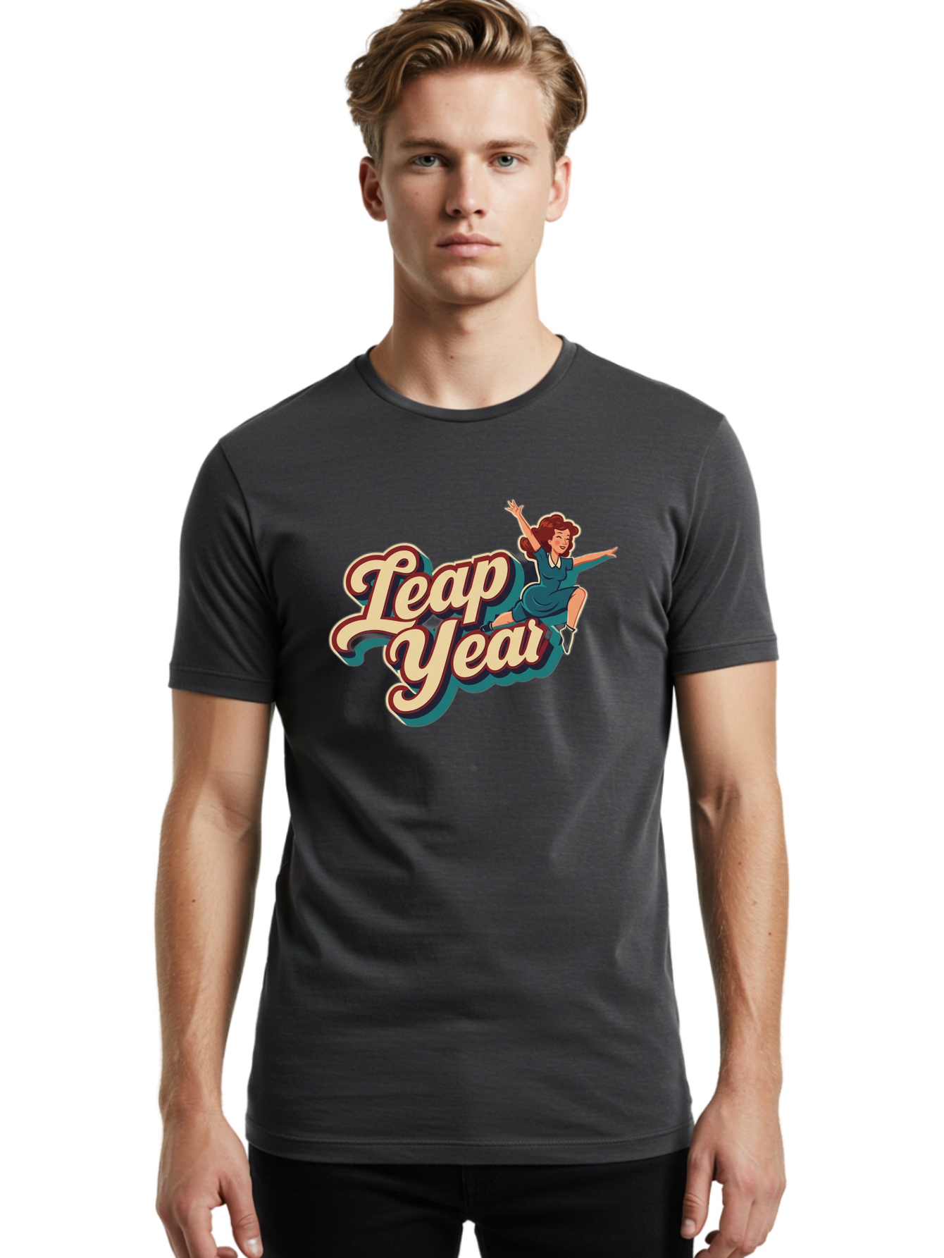 Leap-Year-6 Men'S Graphic Tee, 100% Cotton, Comfortable Casual Summer Wear, Machine Washable, Leap Year, Cartoon Woman, Retro Style, Playful Vibe, Jumping Gesture, Fun Graphics, Vintage Aesthetic, Happy Atmosphere Bac116