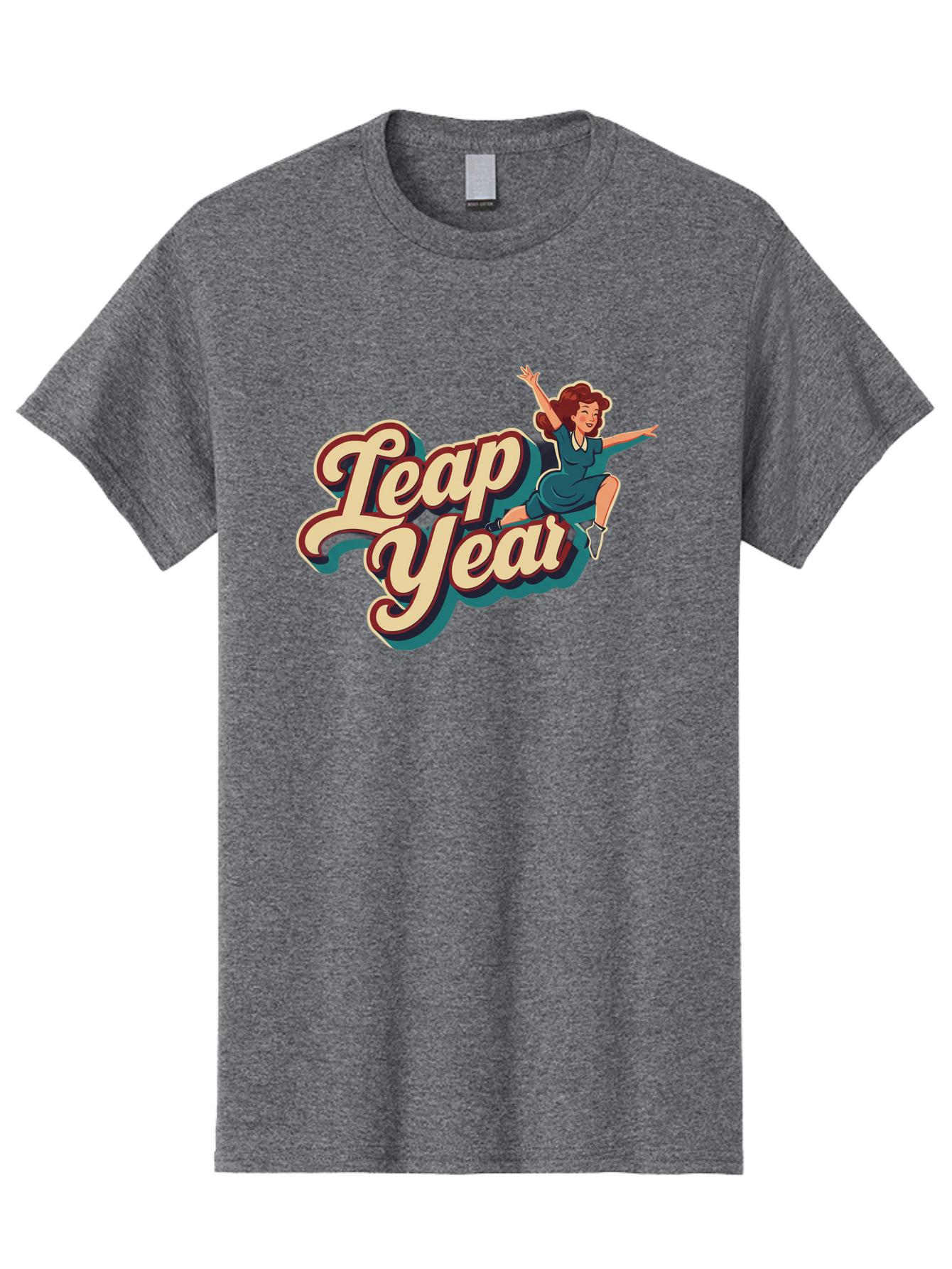 Leap-Year-6 Men'S Graphic Tee, 100% Cotton, Comfortable Casual Summer Wear, Machine Washable, Leap Year, Cartoon Woman, Retro Style, Playful Vibe, Jumping Gesture, Fun Graphics, Vintage Aesthetic, Happy Atmosphere Bac116