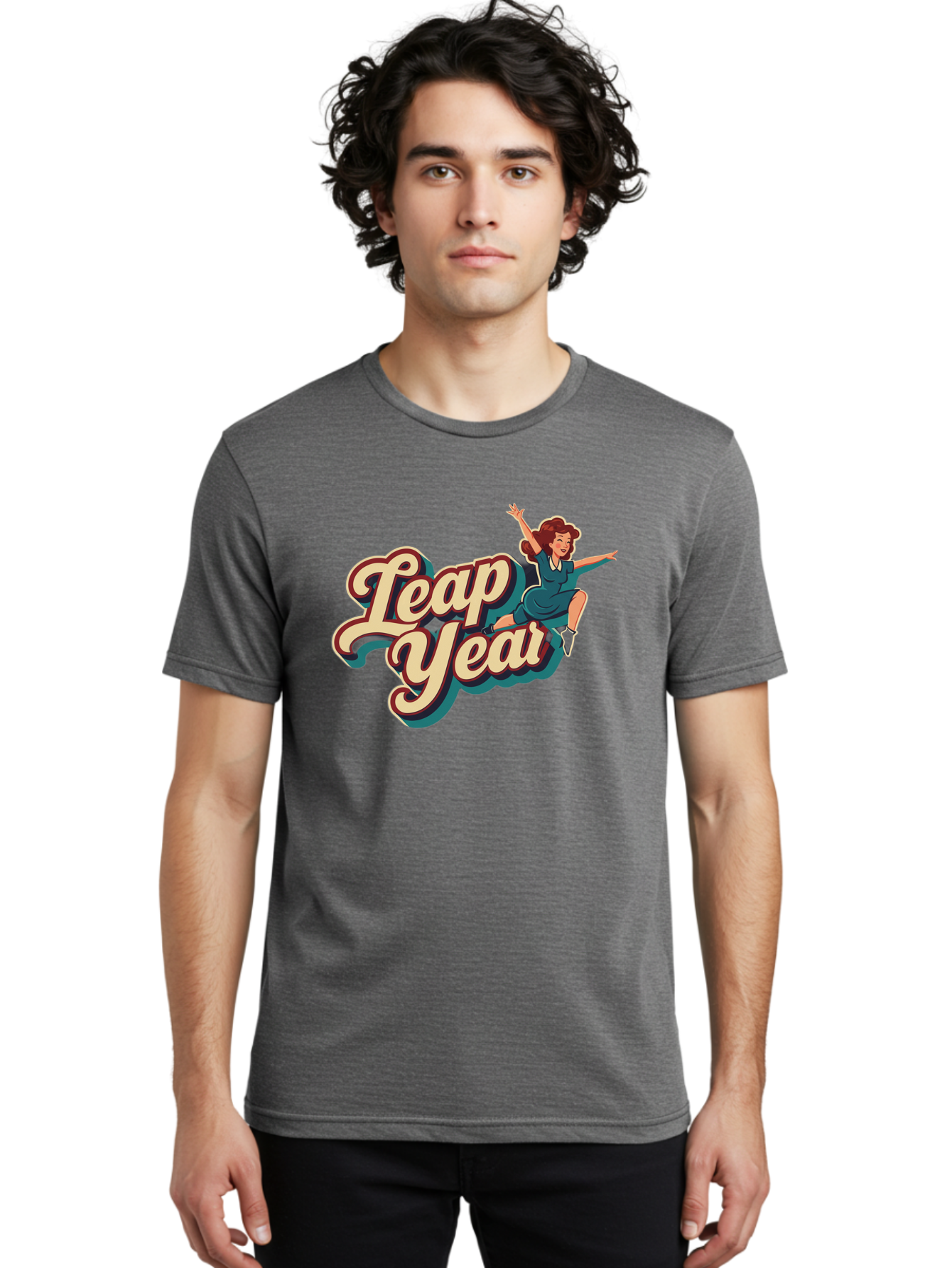 Leap-Year-6 Men'S Graphic Tee, 100% Cotton, Comfortable Casual Summer Wear, Machine Washable, Leap Year, Cartoon Woman, Retro Style, Playful Vibe, Jumping Gesture, Fun Graphics, Vintage Aesthetic, Happy Atmosphere Bac116