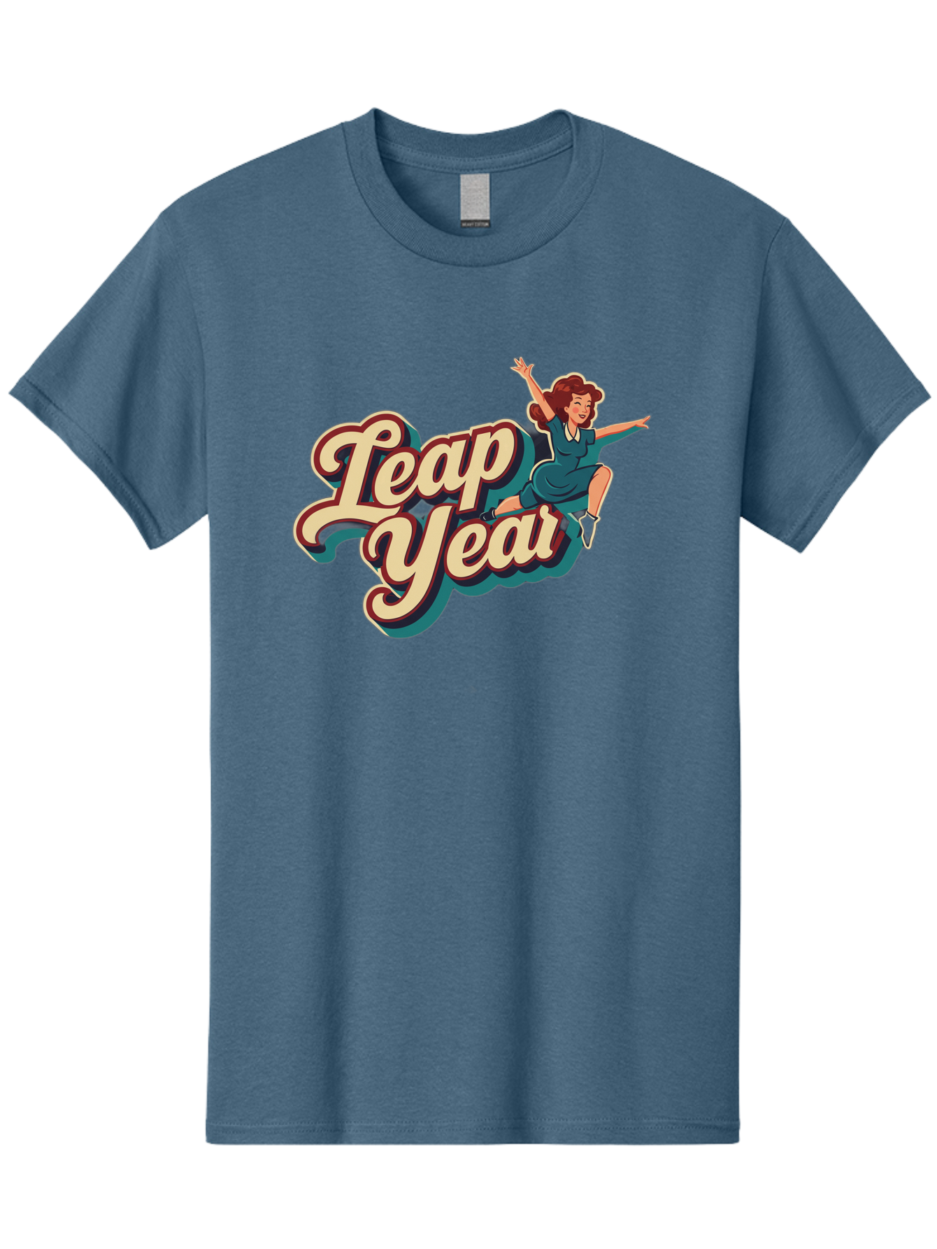Leap-Year-6 Men'S Graphic Tee, 100% Cotton, Comfortable Casual Summer Wear, Machine Washable, Leap Year, Cartoon Woman, Retro Style, Playful Vibe, Jumping Gesture, Fun Graphics, Vintage Aesthetic, Happy Atmosphere Bac116