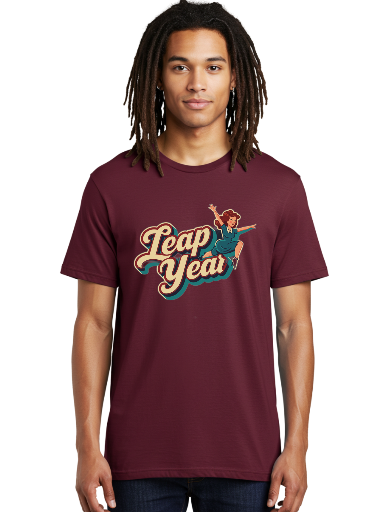 Leap-Year-6 Men'S Graphic Tee, 100% Cotton, Comfortable Casual Summer Wear, Machine Washable, Leap Year, Cartoon Woman, Retro Style, Playful Vibe, Jumping Gesture, Fun Graphics, Vintage Aesthetic, Happy Atmosphere Bac116