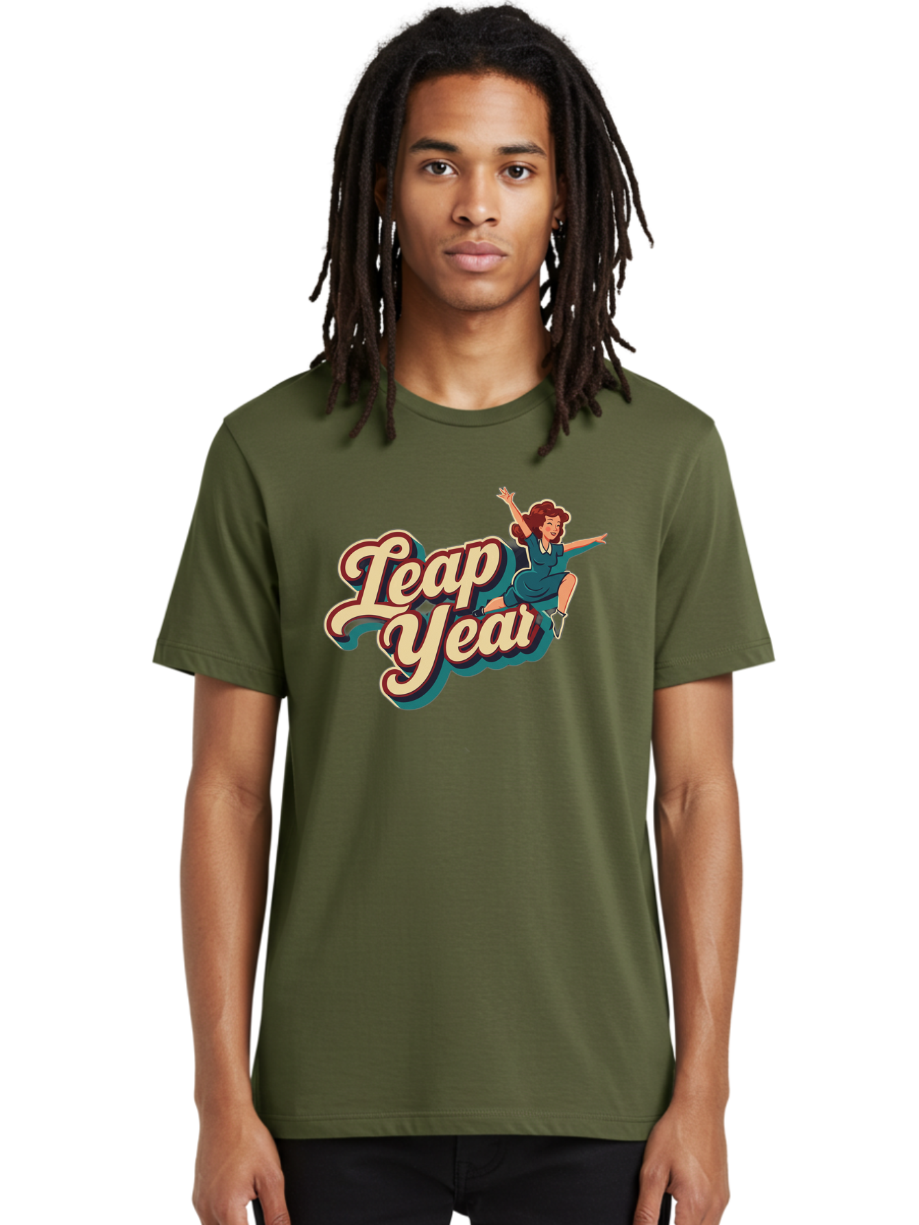 Leap-Year-6 Men'S Graphic Tee, 100% Cotton, Comfortable Casual Summer Wear, Machine Washable, Leap Year, Cartoon Woman, Retro Style, Playful Vibe, Jumping Gesture, Fun Graphics, Vintage Aesthetic, Happy Atmosphere Bac116