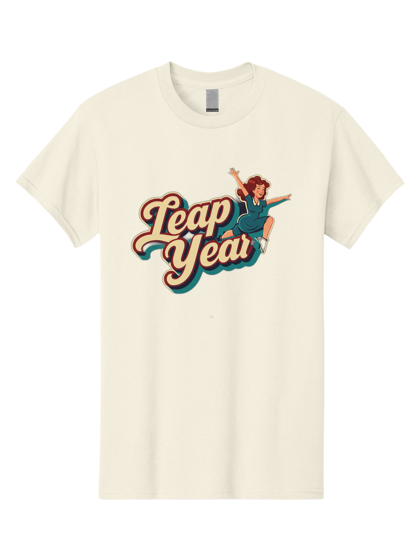 Leap-Year-6 Men'S Graphic Tee, 100% Cotton, Comfortable Casual Summer Wear, Machine Washable, Leap Year, Cartoon Woman, Retro Style, Playful Vibe, Jumping Gesture, Fun Graphics, Vintage Aesthetic, Happy Atmosphere Bac116