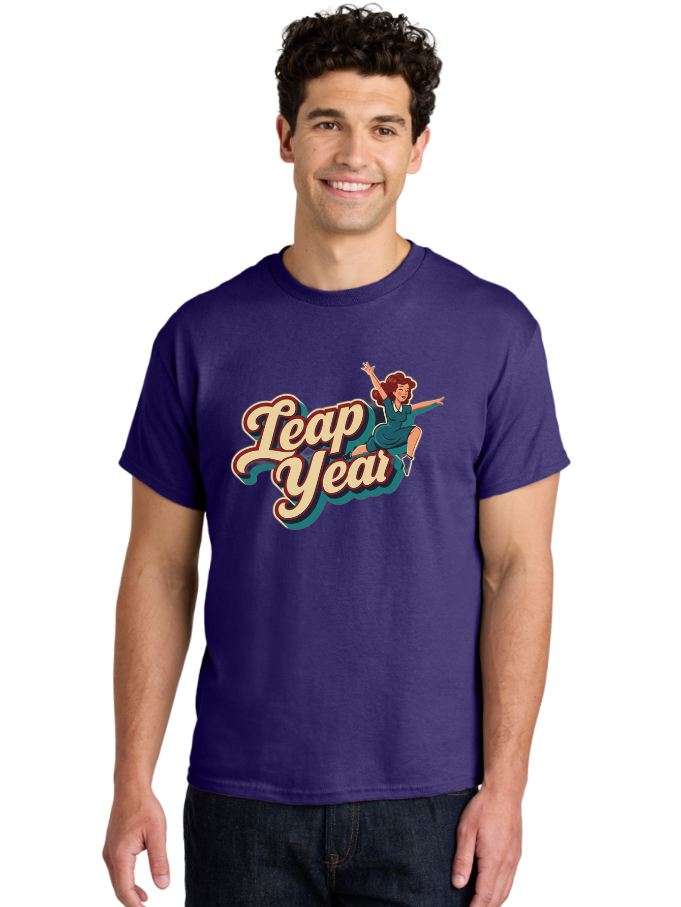 Leap-Year-6 Men'S Graphic Tee, 100% Cotton, Comfortable Casual Summer Wear, Machine Washable, Leap Year, Cartoon Woman, Retro Style, Playful Vibe, Jumping Gesture, Fun Graphics, Vintage Aesthetic, Happy Atmosphere Bac116