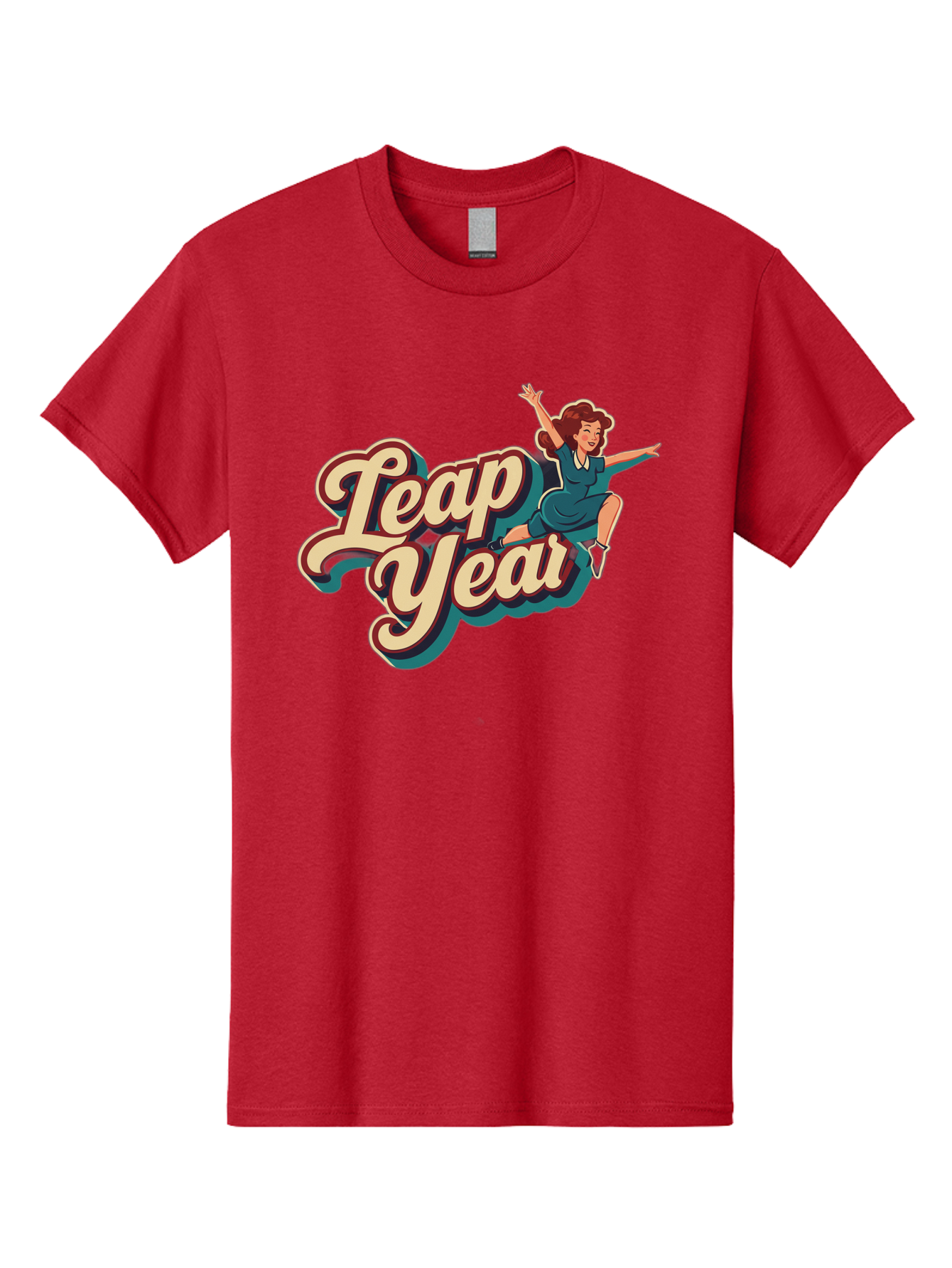 Leap-Year-6 Men'S Graphic Tee, 100% Cotton, Comfortable Casual Summer Wear, Machine Washable, Leap Year, Cartoon Woman, Retro Style, Playful Vibe, Jumping Gesture, Fun Graphics, Vintage Aesthetic, Happy Atmosphere Bac116