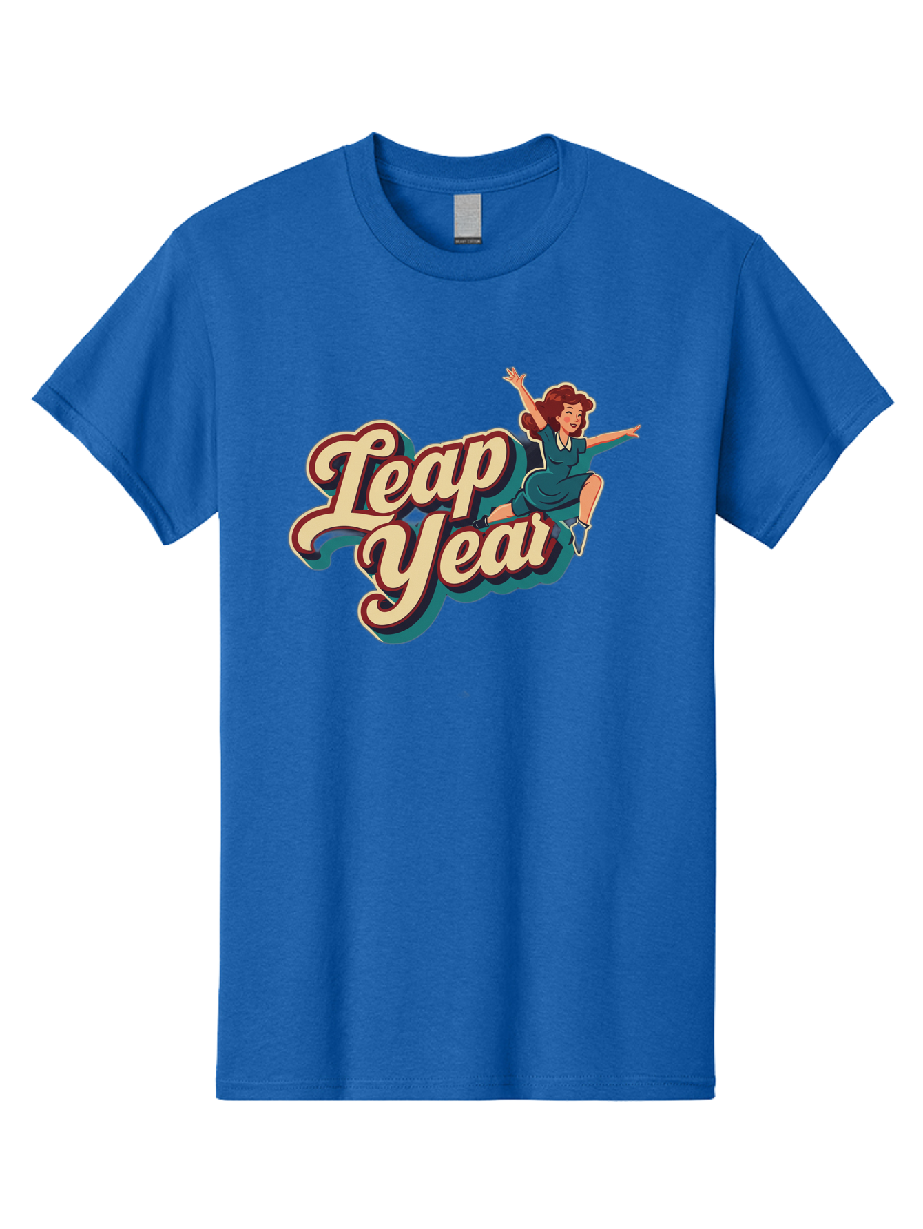 Leap-Year-6 Men'S Graphic Tee, 100% Cotton, Comfortable Casual Summer Wear, Machine Washable, Leap Year, Cartoon Woman, Retro Style, Playful Vibe, Jumping Gesture, Fun Graphics, Vintage Aesthetic, Happy Atmosphere Bac116