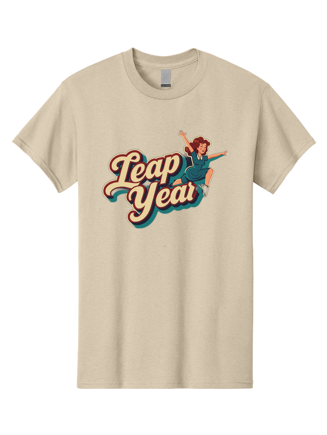 Leap-Year-6 Men'S Graphic Tee, 100% Cotton, Comfortable Casual Summer Wear, Machine Washable, Leap Year, Cartoon Woman, Retro Style, Playful Vibe, Jumping Gesture, Fun Graphics, Vintage Aesthetic, Happy Atmosphere Bac116