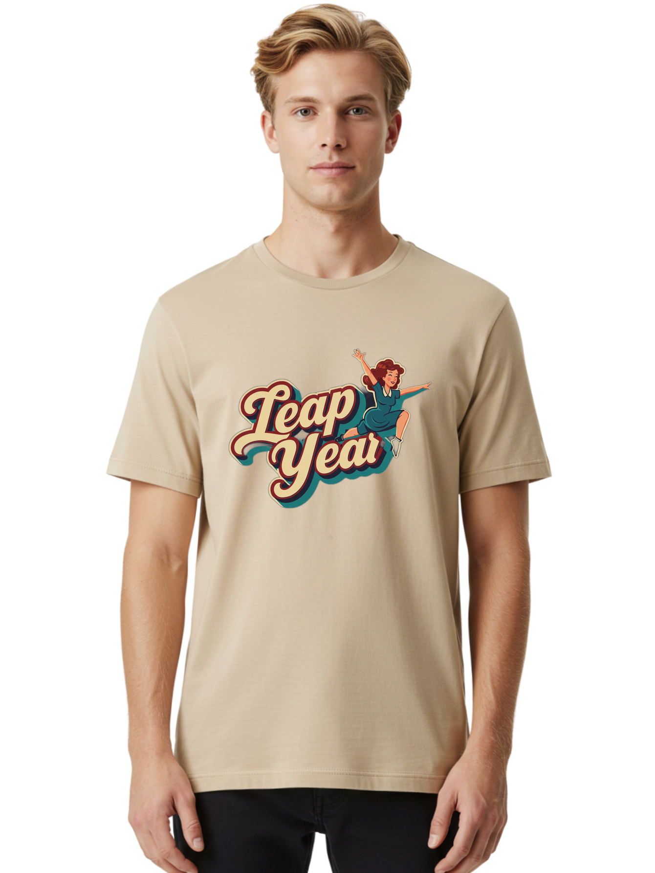 Leap-Year-6 Men'S Graphic Tee, 100% Cotton, Comfortable Casual Summer Wear, Machine Washable, Leap Year, Cartoon Woman, Retro Style, Playful Vibe, Jumping Gesture, Fun Graphics, Vintage Aesthetic, Happy Atmosphere Bac116