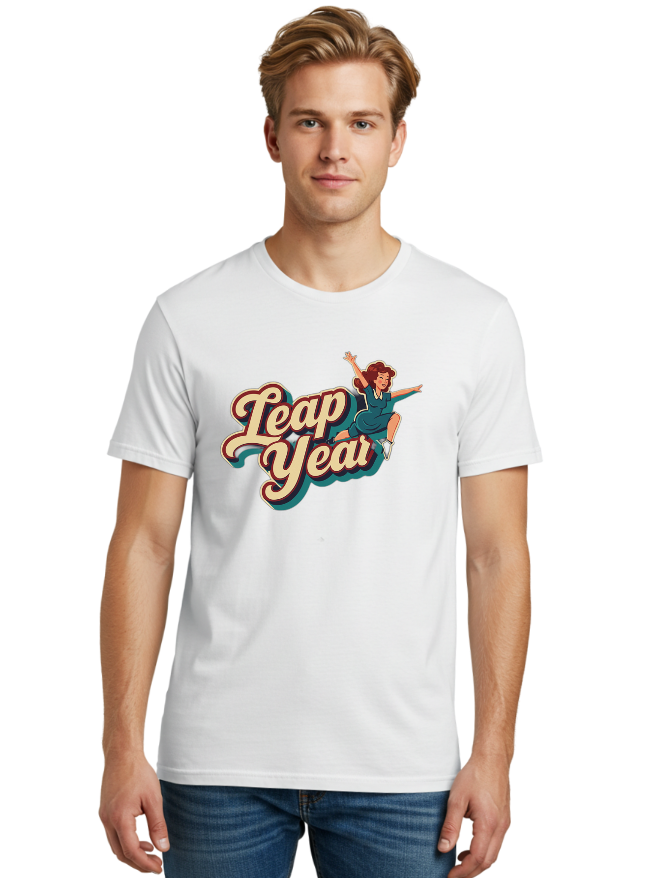 Leap-Year-6 Men'S Graphic Tee, 100% Cotton, Comfortable Casual Summer Wear, Machine Washable, Leap Year, Cartoon Woman, Retro Style, Playful Vibe, Jumping Gesture, Fun Graphics, Vintage Aesthetic, Happy Atmosphere Bac116