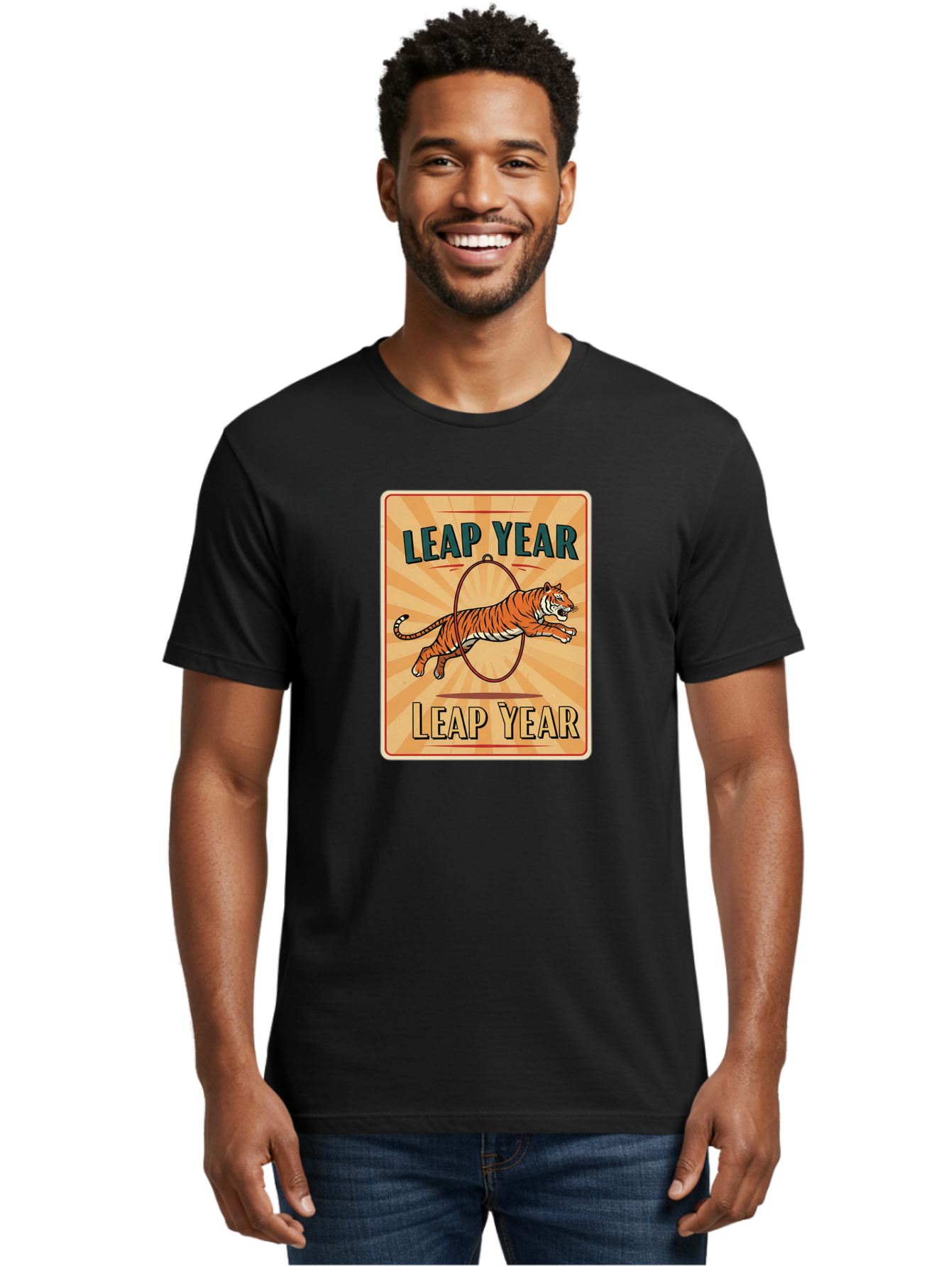 Leap-Year Men'S Graphic Tee, 100% Cotton, Comfortable Casual Summer Wear, Machine Washable, Leaping Tiger, Circus Act, Vintage Poster, Retro Design, Tiger Jumping Through Hoop, Playful Graphics, Bold Typography, Leap Year Theme, Bac117