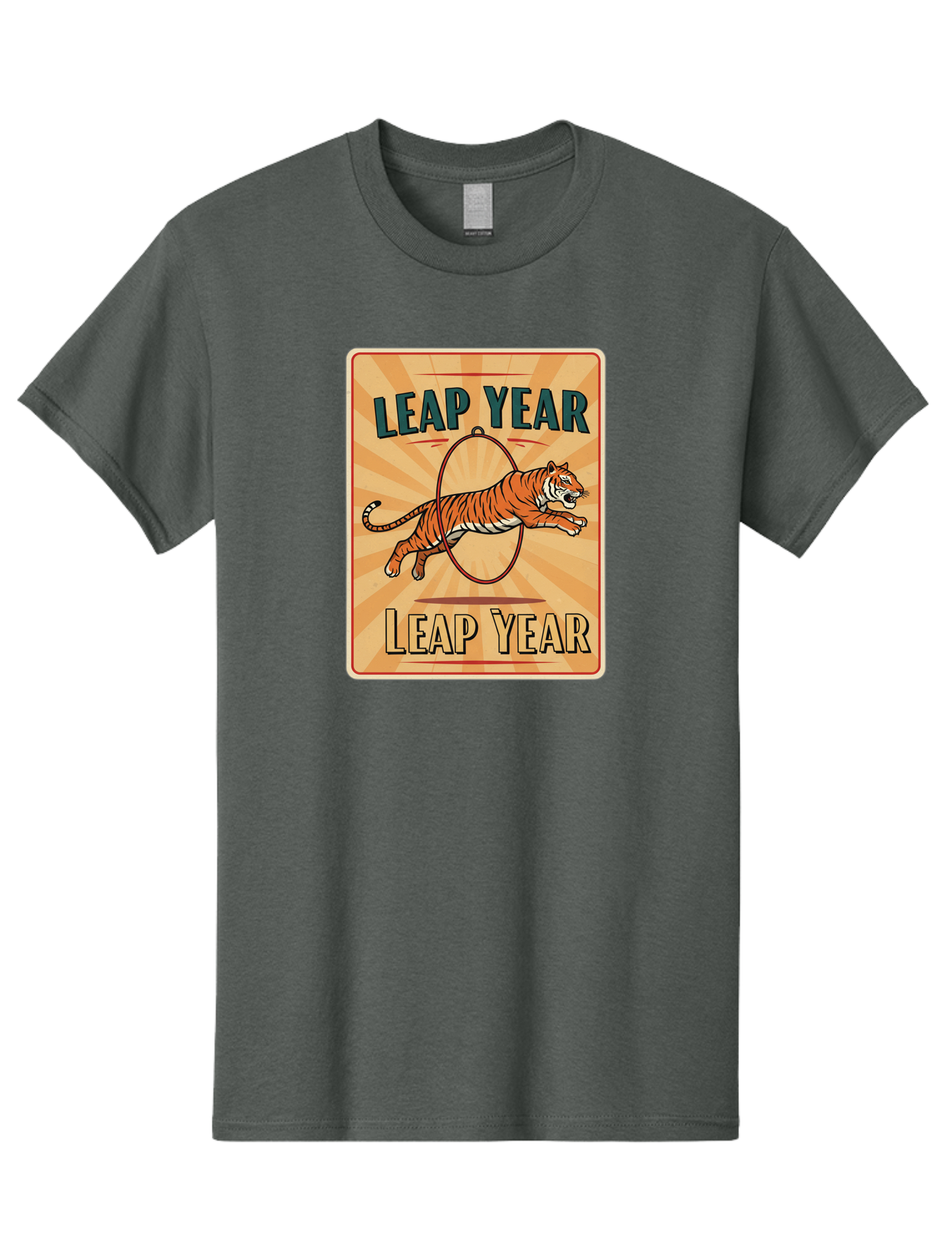 Leap-Year Men'S Graphic Tee, 100% Cotton, Comfortable Casual Summer Wear, Machine Washable, Leaping Tiger, Circus Act, Vintage Poster, Retro Design, Tiger Jumping Through Hoop, Playful Graphics, Bold Typography, Leap Year Theme, Bac117