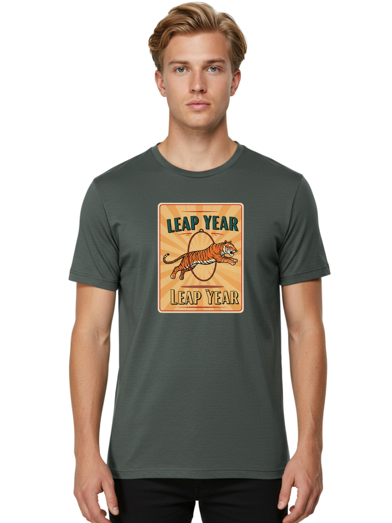 Leap-Year Men'S Graphic Tee, 100% Cotton, Comfortable Casual Summer Wear, Machine Washable, Leaping Tiger, Circus Act, Vintage Poster, Retro Design, Tiger Jumping Through Hoop, Playful Graphics, Bold Typography, Leap Year Theme, Bac117