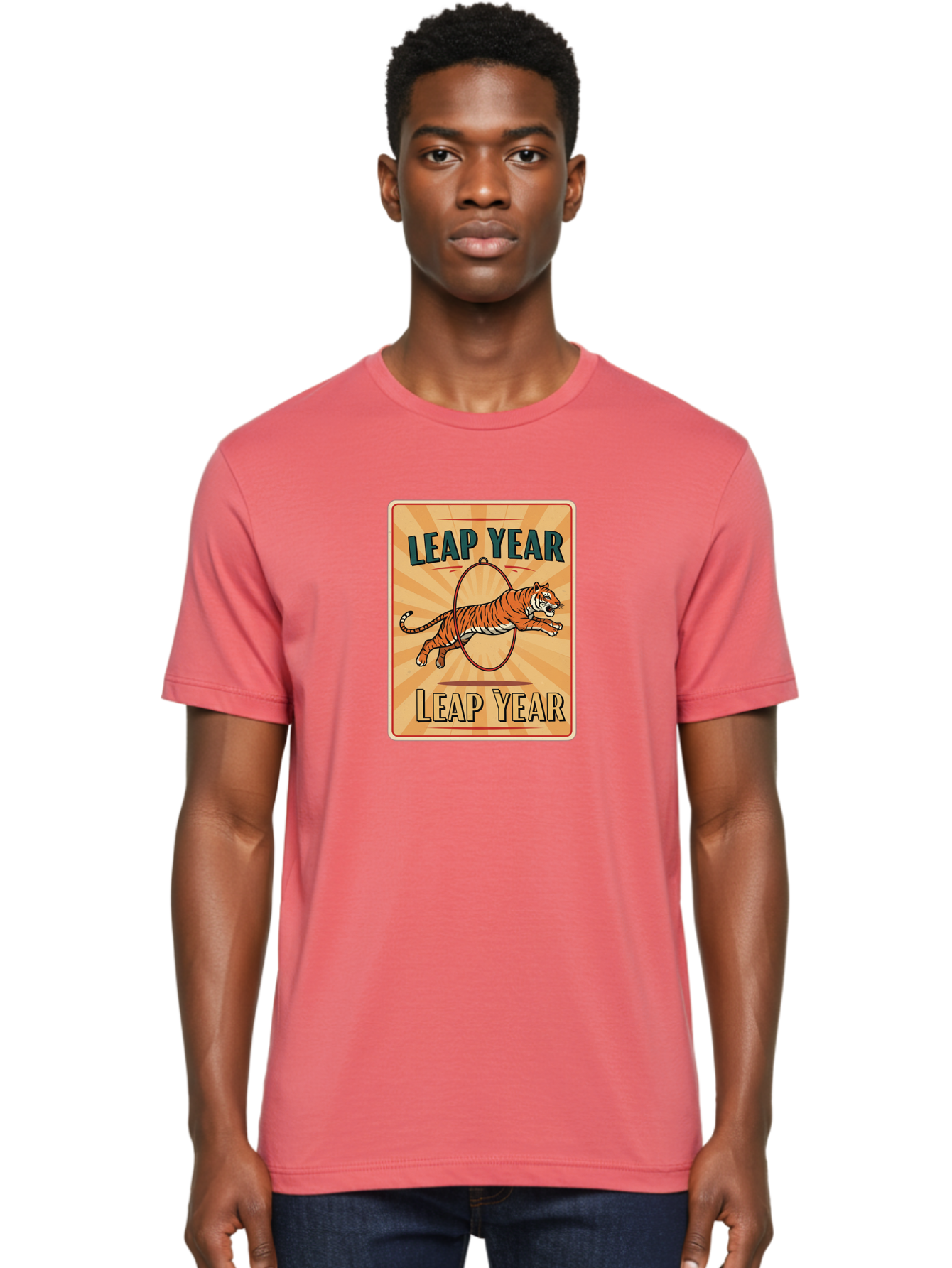 Leap-Year Men'S Graphic Tee, 100% Cotton, Comfortable Casual Summer Wear, Machine Washable, Leaping Tiger, Circus Act, Vintage Poster, Retro Design, Tiger Jumping Through Hoop, Playful Graphics, Bold Typography, Leap Year Theme, Bac117