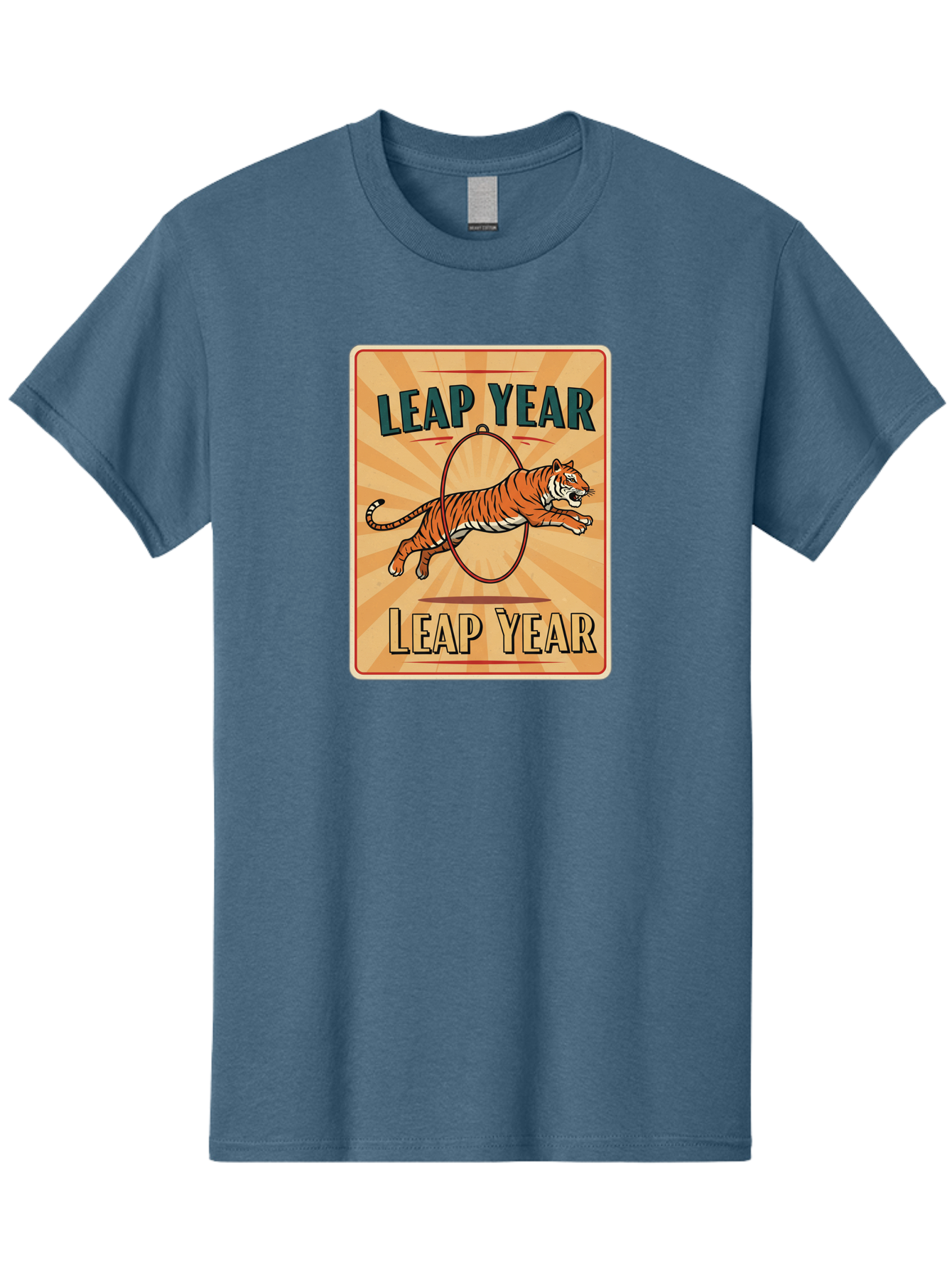 Leap-Year Men'S Graphic Tee, 100% Cotton, Comfortable Casual Summer Wear, Machine Washable, Leaping Tiger, Circus Act, Vintage Poster, Retro Design, Tiger Jumping Through Hoop, Playful Graphics, Bold Typography, Leap Year Theme, Bac117