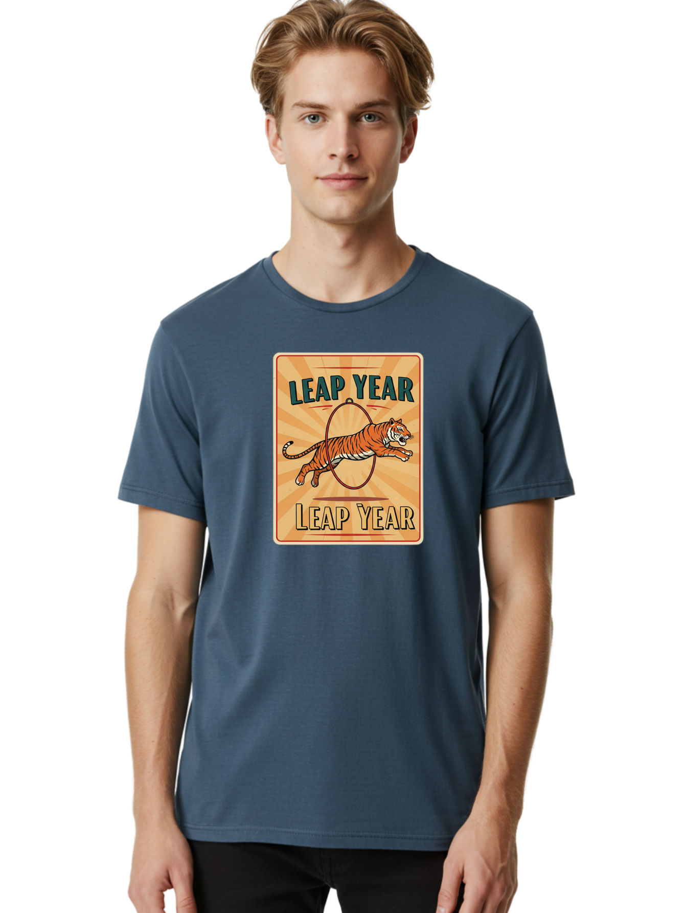 Leap-Year Men'S Graphic Tee, 100% Cotton, Comfortable Casual Summer Wear, Machine Washable, Leaping Tiger, Circus Act, Vintage Poster, Retro Design, Tiger Jumping Through Hoop, Playful Graphics, Bold Typography, Leap Year Theme, Bac117