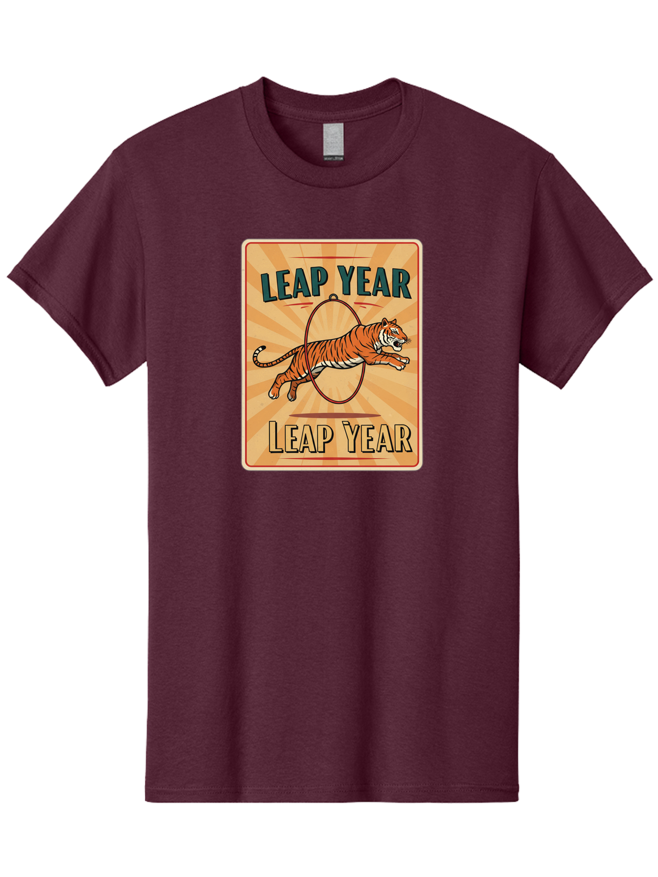 Leap-Year Men'S Graphic Tee, 100% Cotton, Comfortable Casual Summer Wear, Machine Washable, Leaping Tiger, Circus Act, Vintage Poster, Retro Design, Tiger Jumping Through Hoop, Playful Graphics, Bold Typography, Leap Year Theme, Bac117