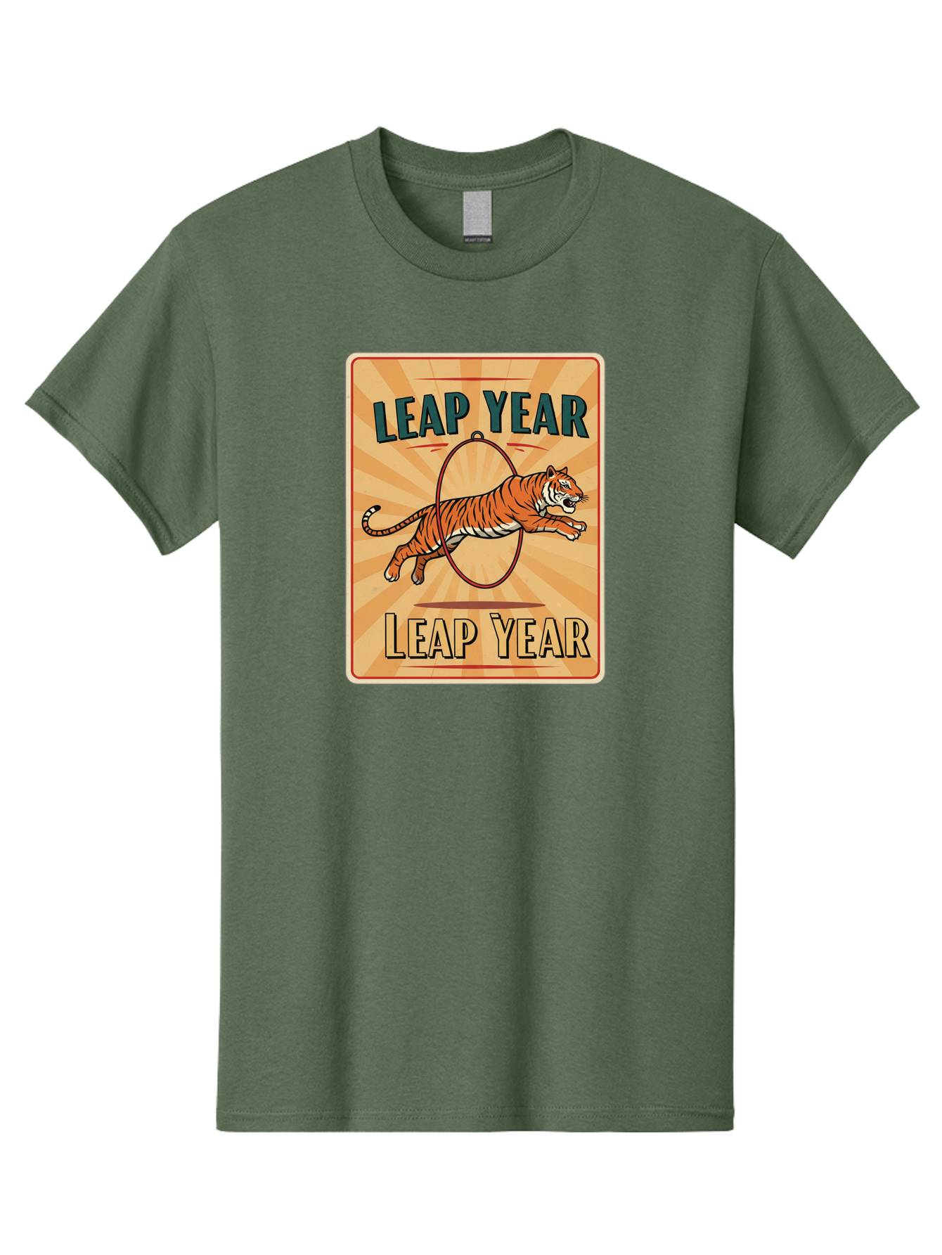 Leap-Year Men'S Graphic Tee, 100% Cotton, Comfortable Casual Summer Wear, Machine Washable, Leaping Tiger, Circus Act, Vintage Poster, Retro Design, Tiger Jumping Through Hoop, Playful Graphics, Bold Typography, Leap Year Theme, Bac117