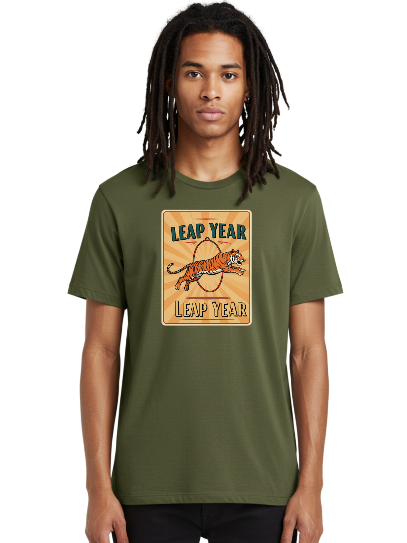 Leap-Year Men'S Graphic Tee, 100% Cotton, Comfortable Casual Summer Wear, Machine Washable, Leaping Tiger, Circus Act, Vintage Poster, Retro Design, Tiger Jumping Through Hoop, Playful Graphics, Bold Typography, Leap Year Theme, Bac117