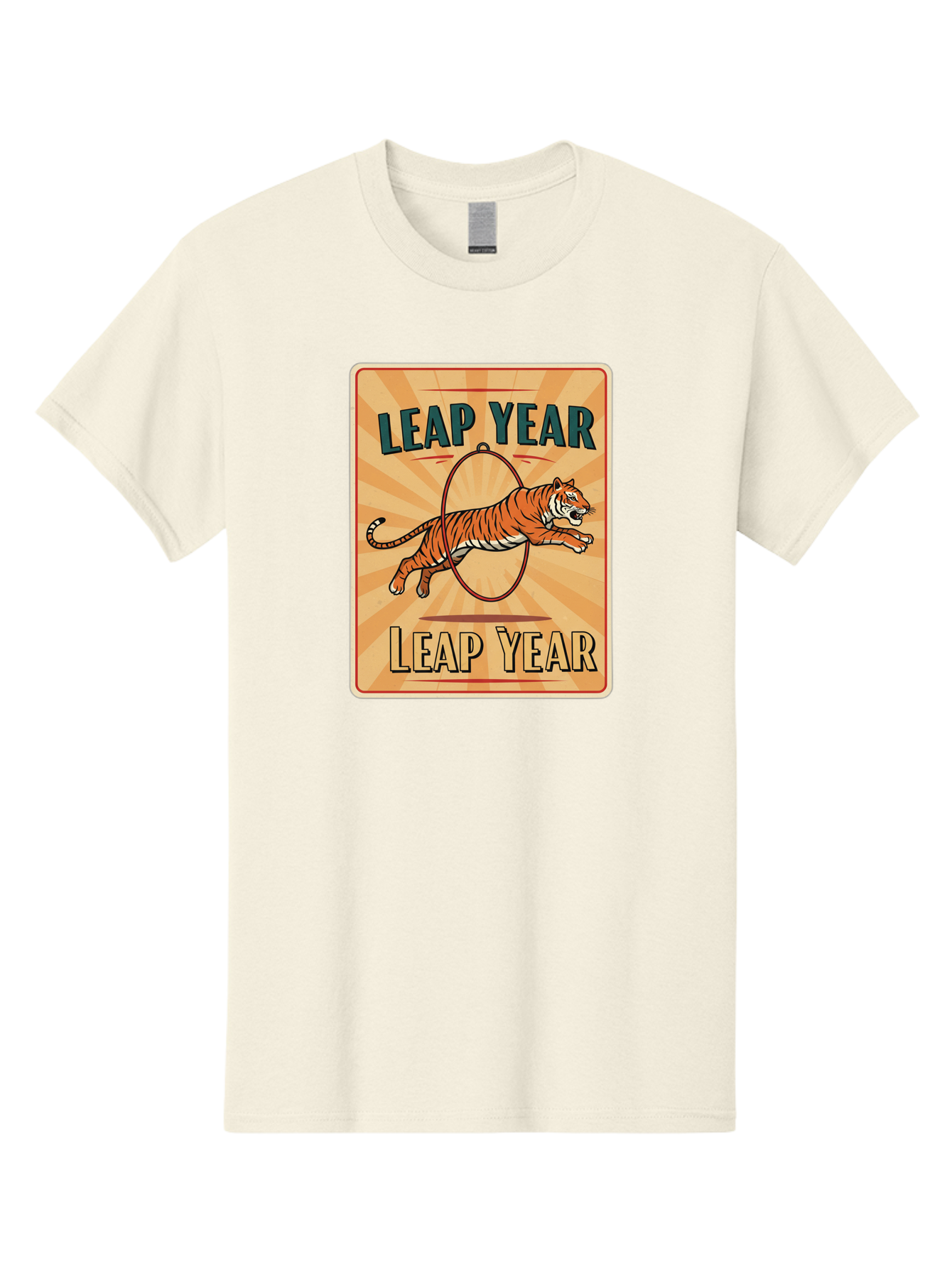 Leap-Year Men'S Graphic Tee, 100% Cotton, Comfortable Casual Summer Wear, Machine Washable, Leaping Tiger, Circus Act, Vintage Poster, Retro Design, Tiger Jumping Through Hoop, Playful Graphics, Bold Typography, Leap Year Theme, Bac117