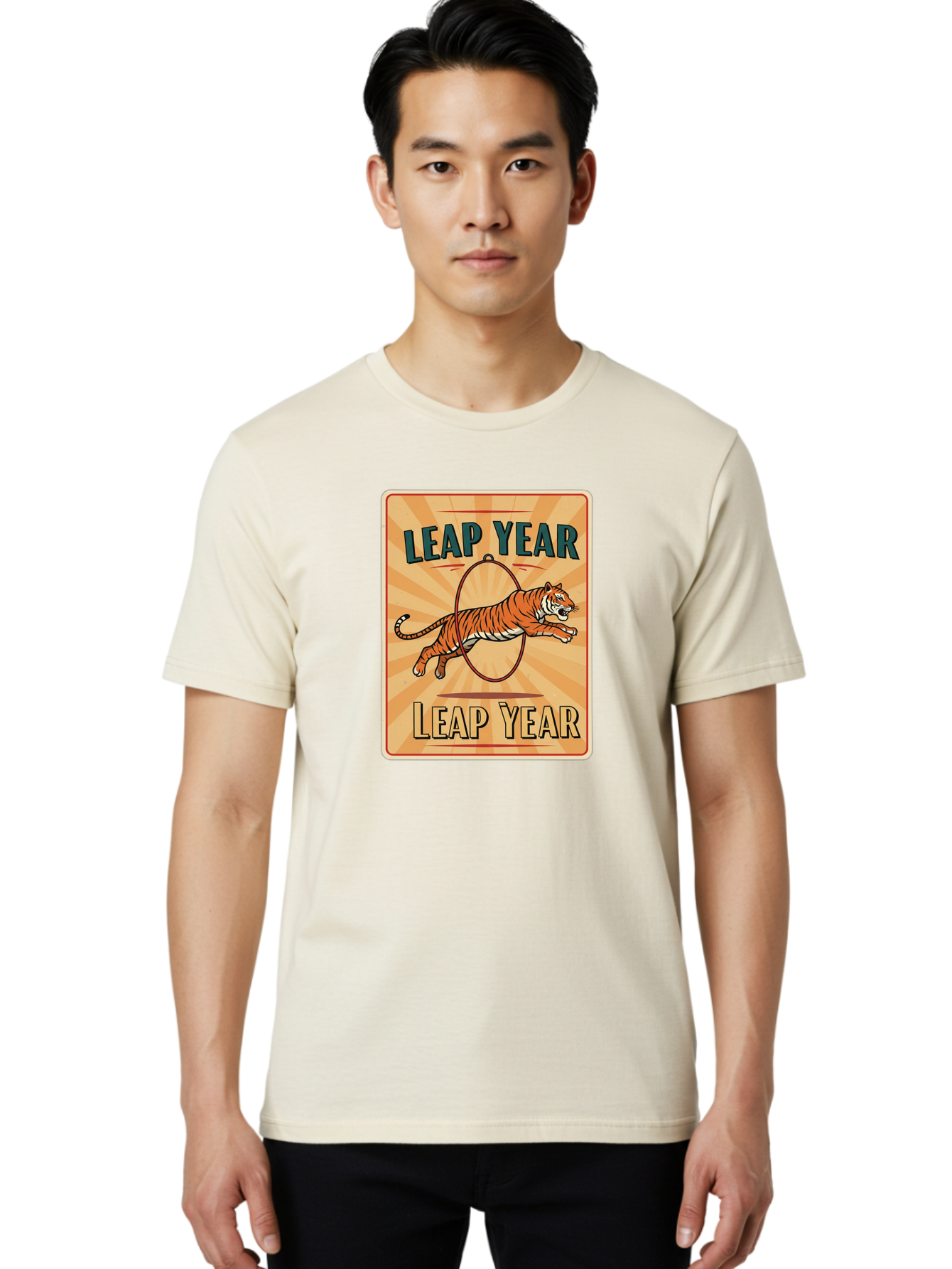 Leap-Year Men'S Graphic Tee, 100% Cotton, Comfortable Casual Summer Wear, Machine Washable, Leaping Tiger, Circus Act, Vintage Poster, Retro Design, Tiger Jumping Through Hoop, Playful Graphics, Bold Typography, Leap Year Theme, Bac117