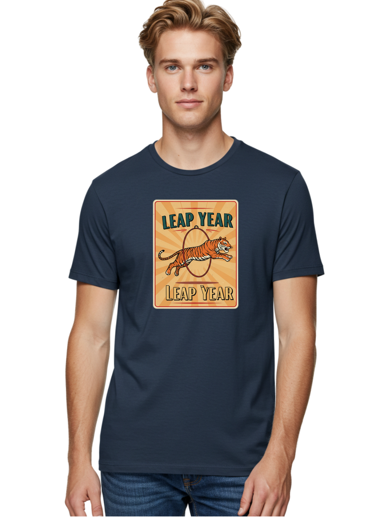 Leap-Year Men'S Graphic Tee, 100% Cotton, Comfortable Casual Summer Wear, Machine Washable, Leaping Tiger, Circus Act, Vintage Poster, Retro Design, Tiger Jumping Through Hoop, Playful Graphics, Bold Typography, Leap Year Theme, Bac117