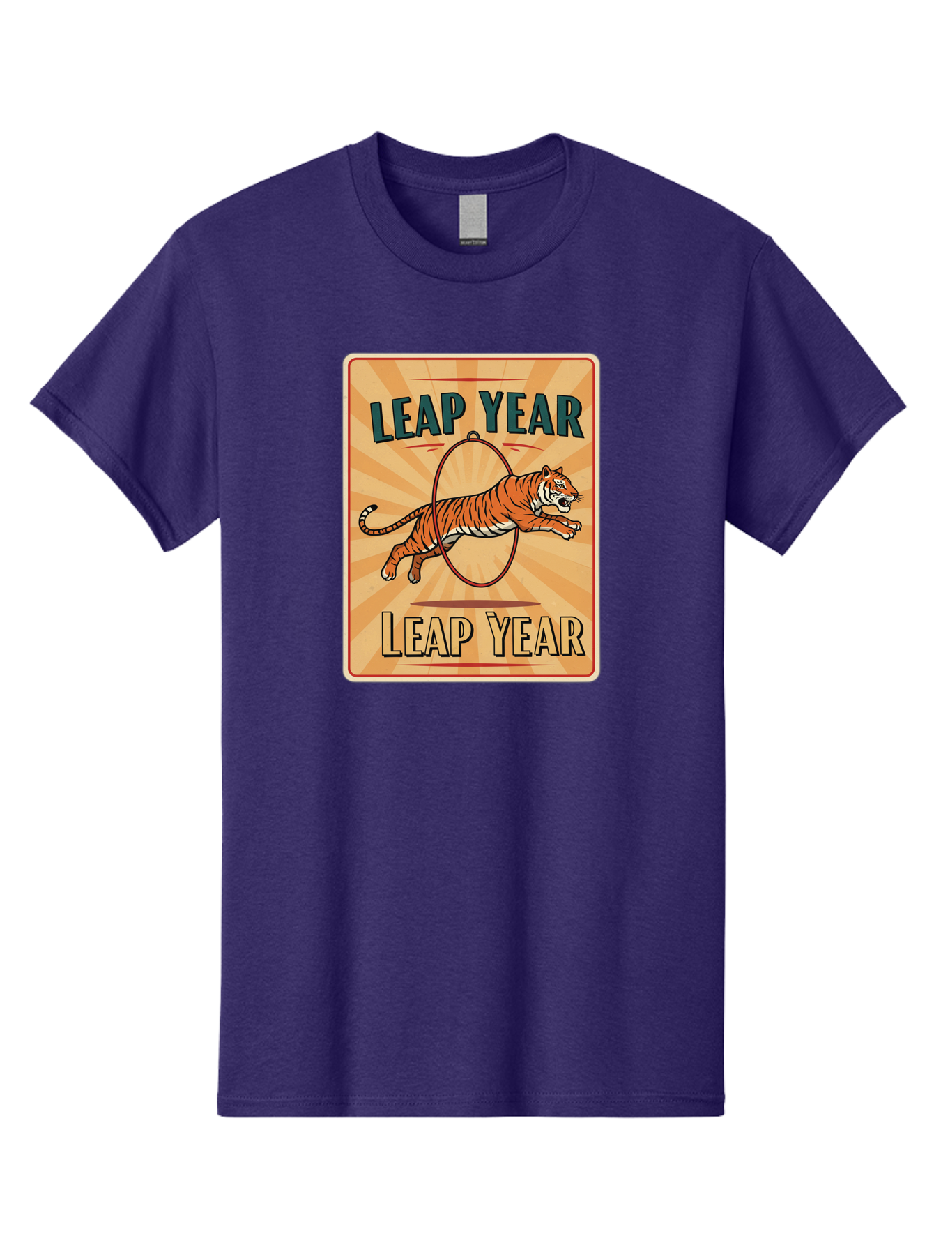 Leap-Year Men'S Graphic Tee, 100% Cotton, Comfortable Casual Summer Wear, Machine Washable, Leaping Tiger, Circus Act, Vintage Poster, Retro Design, Tiger Jumping Through Hoop, Playful Graphics, Bold Typography, Leap Year Theme, Bac117