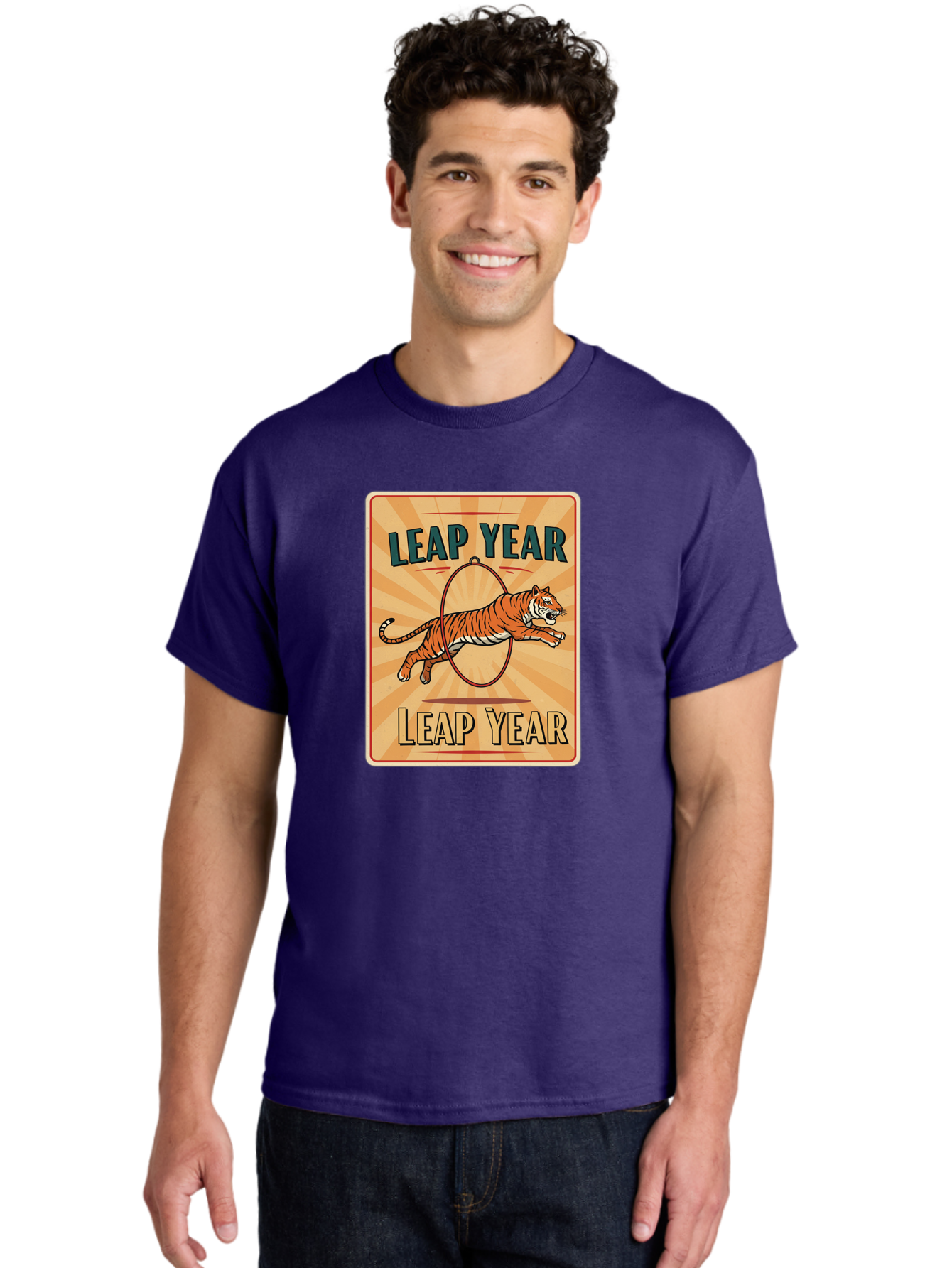 Leap-Year Men'S Graphic Tee, 100% Cotton, Comfortable Casual Summer Wear, Machine Washable, Leaping Tiger, Circus Act, Vintage Poster, Retro Design, Tiger Jumping Through Hoop, Playful Graphics, Bold Typography, Leap Year Theme, Bac117