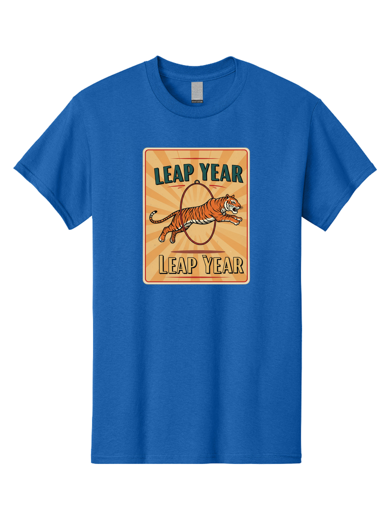 Leap-Year Men'S Graphic Tee, 100% Cotton, Comfortable Casual Summer Wear, Machine Washable, Leaping Tiger, Circus Act, Vintage Poster, Retro Design, Tiger Jumping Through Hoop, Playful Graphics, Bold Typography, Leap Year Theme, Bac117