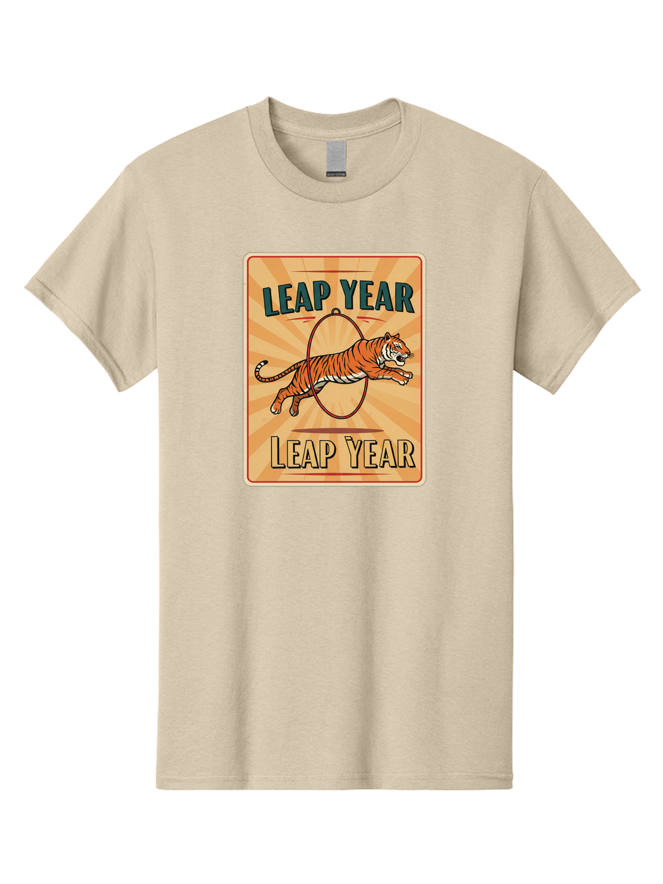 Leap-Year Men'S Graphic Tee, 100% Cotton, Comfortable Casual Summer Wear, Machine Washable, Leaping Tiger, Circus Act, Vintage Poster, Retro Design, Tiger Jumping Through Hoop, Playful Graphics, Bold Typography, Leap Year Theme, Bac117