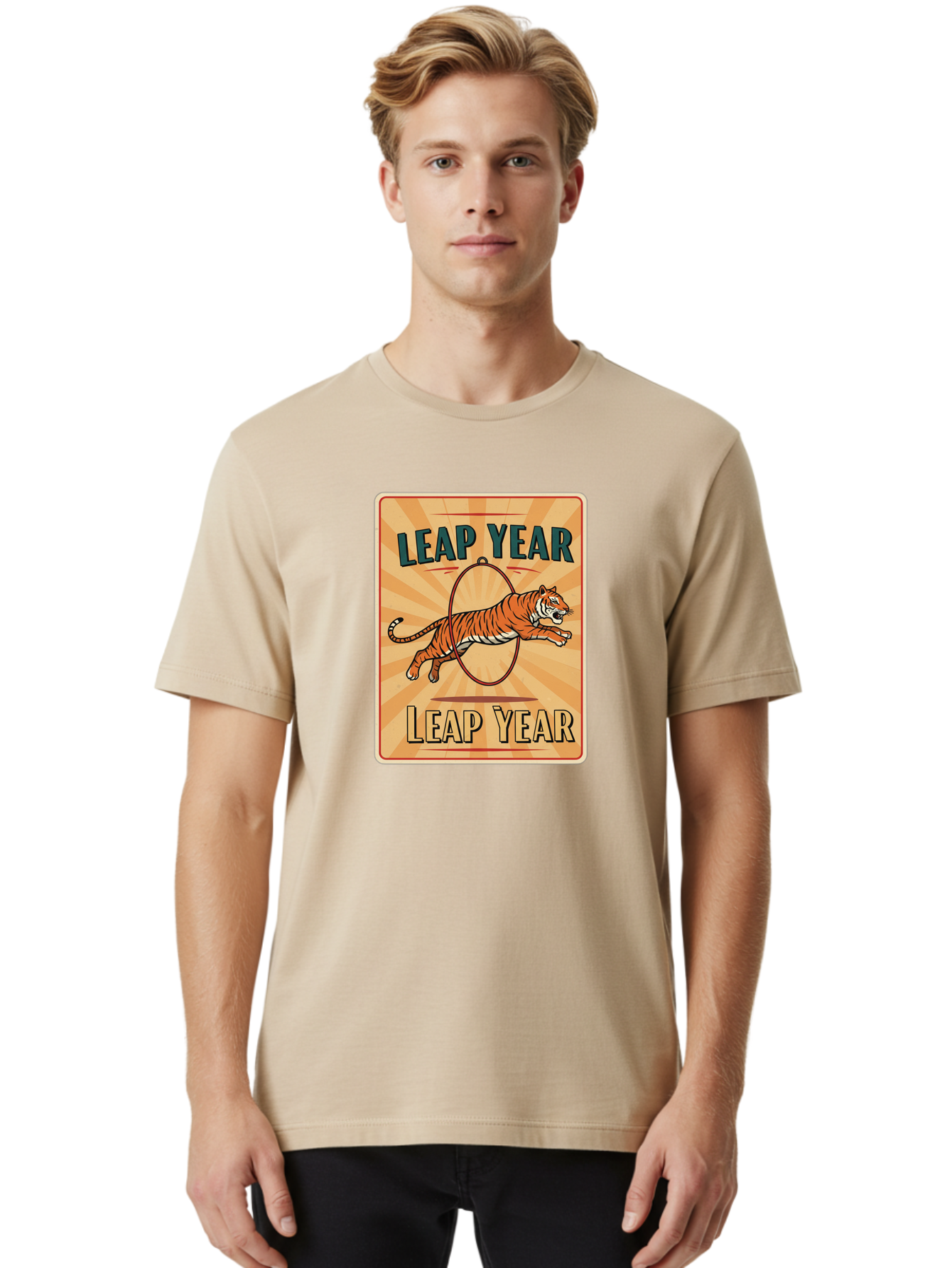 Leap-Year Men'S Graphic Tee, 100% Cotton, Comfortable Casual Summer Wear, Machine Washable, Leaping Tiger, Circus Act, Vintage Poster, Retro Design, Tiger Jumping Through Hoop, Playful Graphics, Bold Typography, Leap Year Theme, Bac117