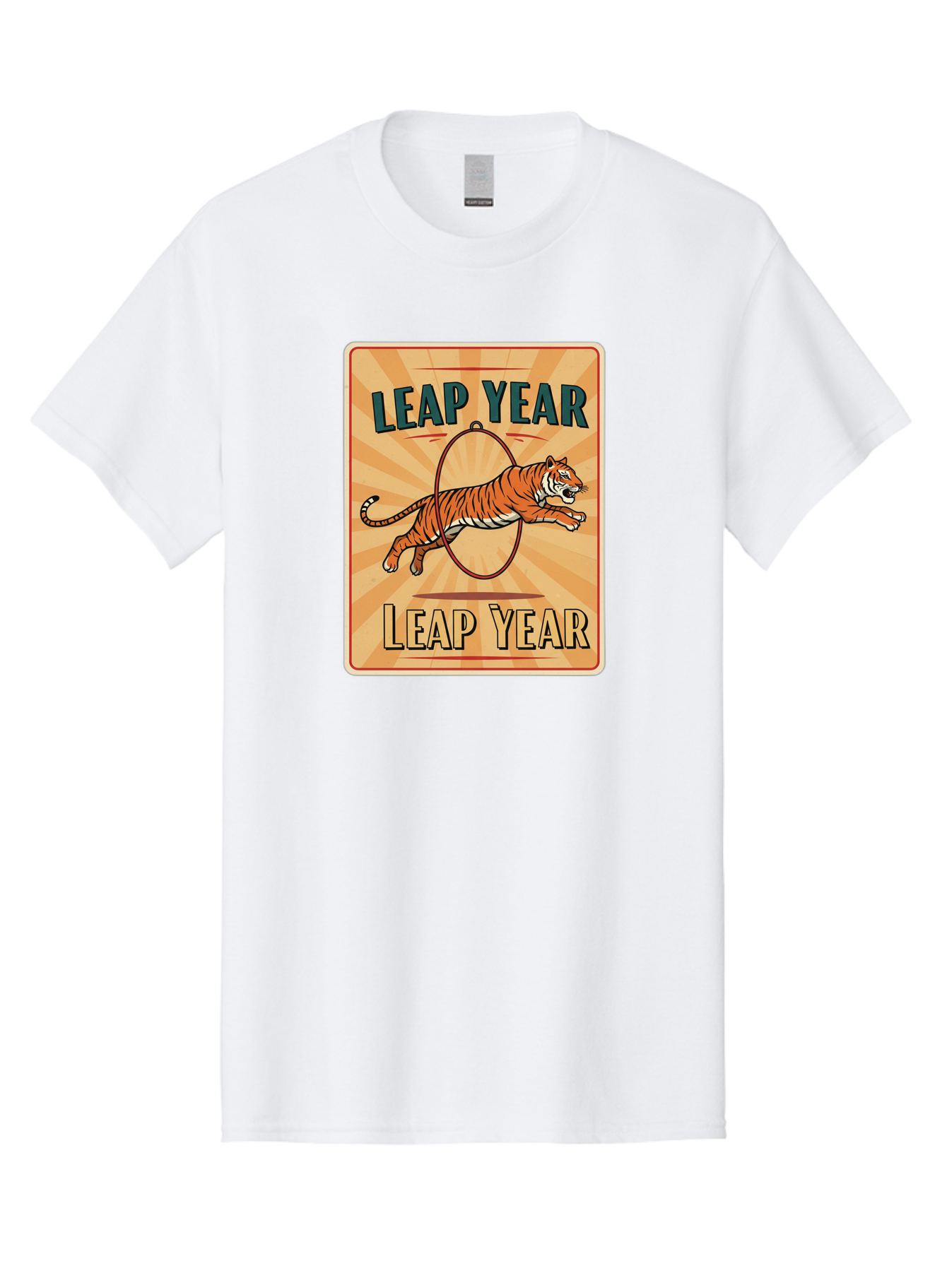 Leap-Year Men'S Graphic Tee, 100% Cotton, Comfortable Casual Summer Wear, Machine Washable, Leaping Tiger, Circus Act, Vintage Poster, Retro Design, Tiger Jumping Through Hoop, Playful Graphics, Bold Typography, Leap Year Theme, Bac117
