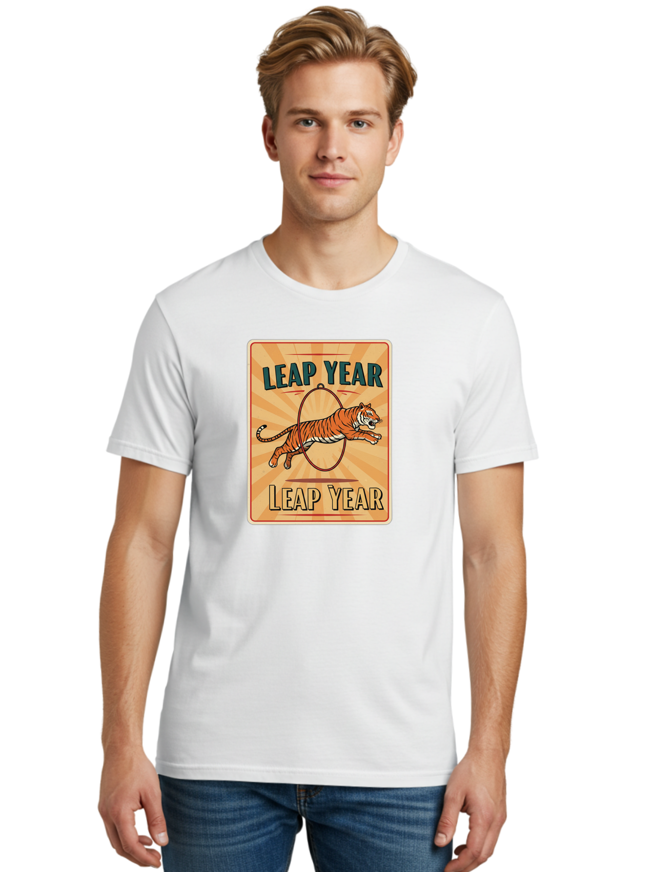 Leap-Year Men'S Graphic Tee, 100% Cotton, Comfortable Casual Summer Wear, Machine Washable, Leaping Tiger, Circus Act, Vintage Poster, Retro Design, Tiger Jumping Through Hoop, Playful Graphics, Bold Typography, Leap Year Theme, Bac117