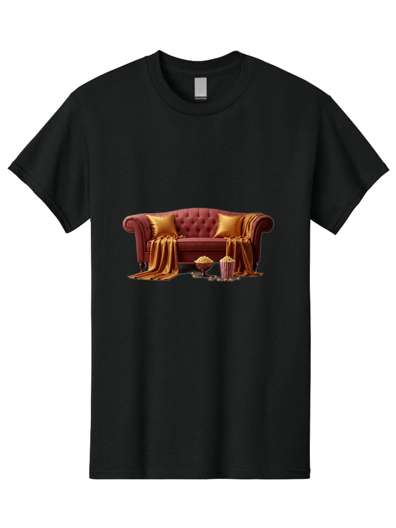 Leather-Sofa Men'S Graphic Tee, 100% Cotton, Comfortable Casual Summer Wear, Machine Washable, Red Couch, Golden Pillows, Golden Blanket, Popcorn, Popcorn Bowl, Popcorn Bucket, Cinema Experience, Home Entertainment, Cozy Atmosphere, Bac118
