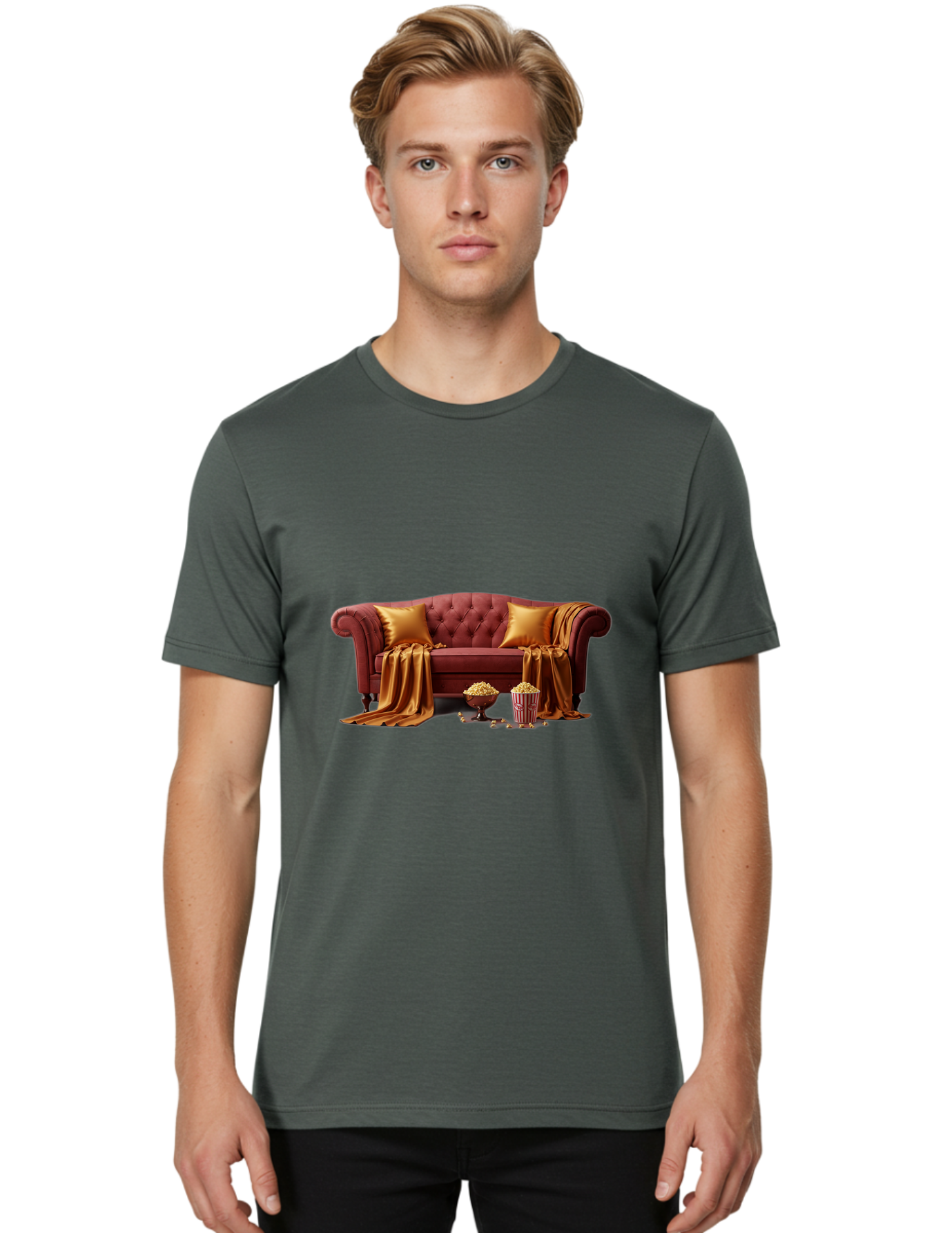 Leather-Sofa Men'S Graphic Tee, 100% Cotton, Comfortable Casual Summer Wear, Machine Washable, Red Couch, Golden Pillows, Golden Blanket, Popcorn, Popcorn Bowl, Popcorn Bucket, Cinema Experience, Home Entertainment, Cozy Atmosphere, Bac118