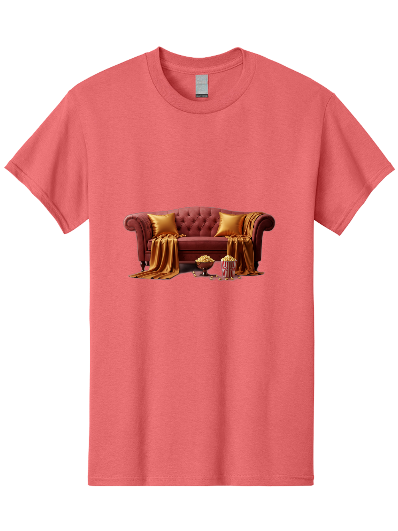 Leather-Sofa Men'S Graphic Tee, 100% Cotton, Comfortable Casual Summer Wear, Machine Washable, Red Couch, Golden Pillows, Golden Blanket, Popcorn, Popcorn Bowl, Popcorn Bucket, Cinema Experience, Home Entertainment, Cozy Atmosphere, Bac118