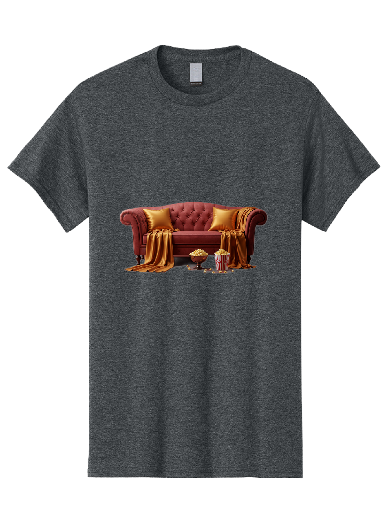 Leather-Sofa Men'S Graphic Tee, 100% Cotton, Comfortable Casual Summer Wear, Machine Washable, Red Couch, Golden Pillows, Golden Blanket, Popcorn, Popcorn Bowl, Popcorn Bucket, Cinema Experience, Home Entertainment, Cozy Atmosphere, Bac118
