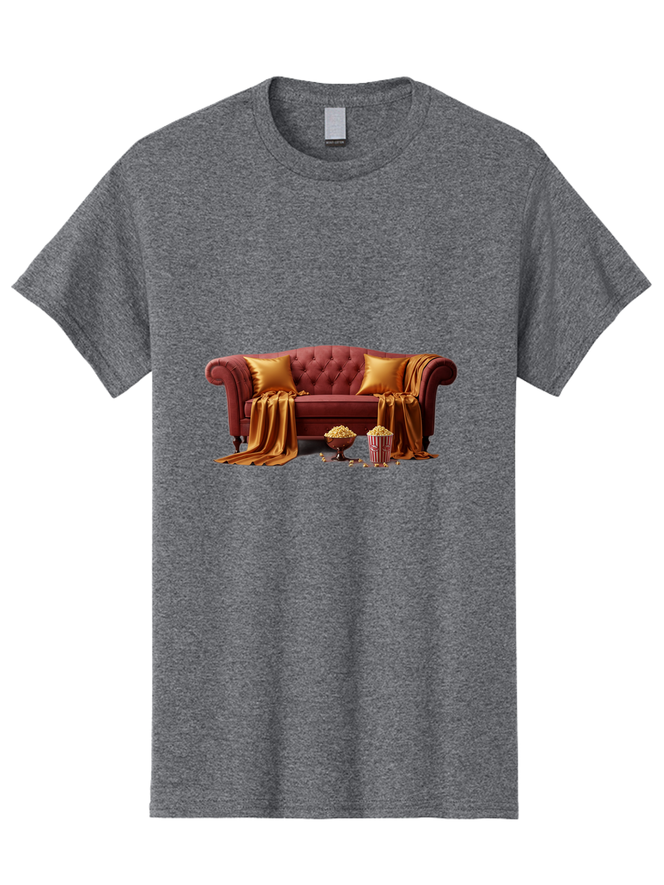Leather-Sofa Men'S Graphic Tee, 100% Cotton, Comfortable Casual Summer Wear, Machine Washable, Red Couch, Golden Pillows, Golden Blanket, Popcorn, Popcorn Bowl, Popcorn Bucket, Cinema Experience, Home Entertainment, Cozy Atmosphere, Bac118